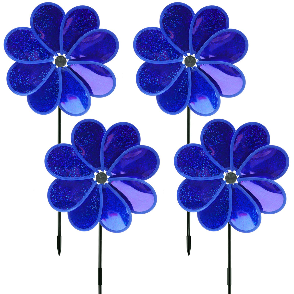 4PCS Flower Wind Spinner Sparkly Lawn Pinwheel 11.8 inch Dark Blue Garden Windmill for 4th of July Garden Party Outdoor Yard Decor