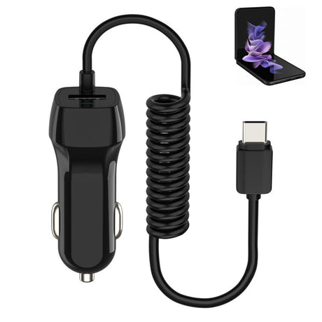 Car Phone Charger for Samsung Galaxy Z Flip 6 Ai Phone Flip 5 5G Flip 4 Flip 3 Fold 6 Fold 5 Fold 4 Fold 3 Fold 2 Car Charging Cord Extra USB Port with Integrated Power Cable for Nokia Switch