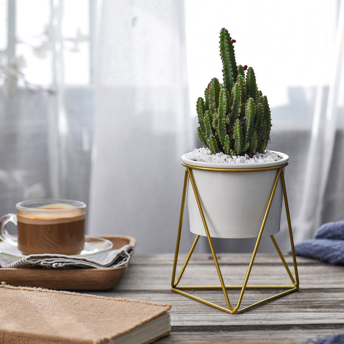 Nordic Triangle Ceramic Planter with Iron Stand Set