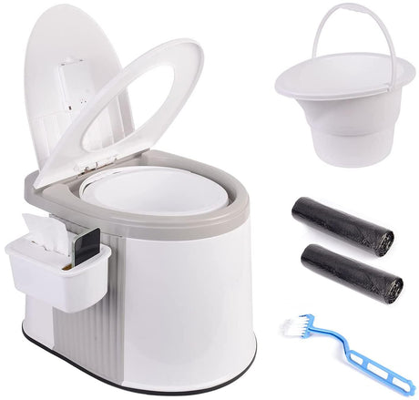 Axidou Portable Travel Toilet with Detachable Inner Bucket and Toilet Paper Holder for Camping Boat Hiking RV Bedroom and Living Room - Grey White