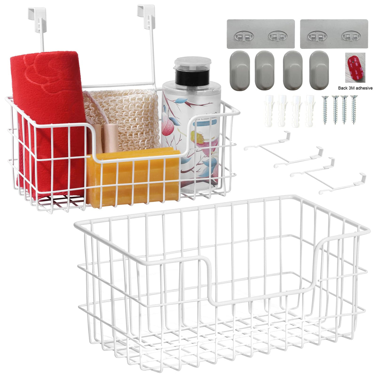JUNCHU CHERRY Over the Cabinet Door Organizer 2 Pack Wall Mount Storage BasketHanging Storage Wire Basket Grid Storage Bin Basket with 2 Different Functional Hooks for KitchenBathroomCabinet