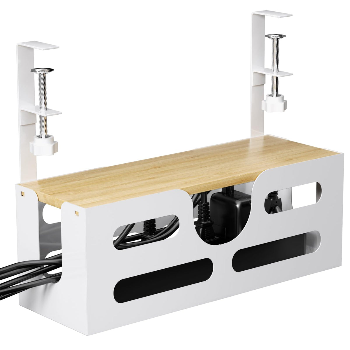 Punmoy Under Desk Cable Management Box with Lid Large Desk Cable Management Tray Cord Organizer for Desk with Adjustable Clamps for Home and Office