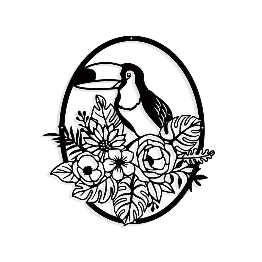 NBEADS Tropical Plants Bird Metal Wall Art Decor Oval Matte Black Wall Hanging Decor Silhouette Wall Art for Home Bedroom Living Room Garden Hotel Office Wall Decoration 10.4×11.6 Inch