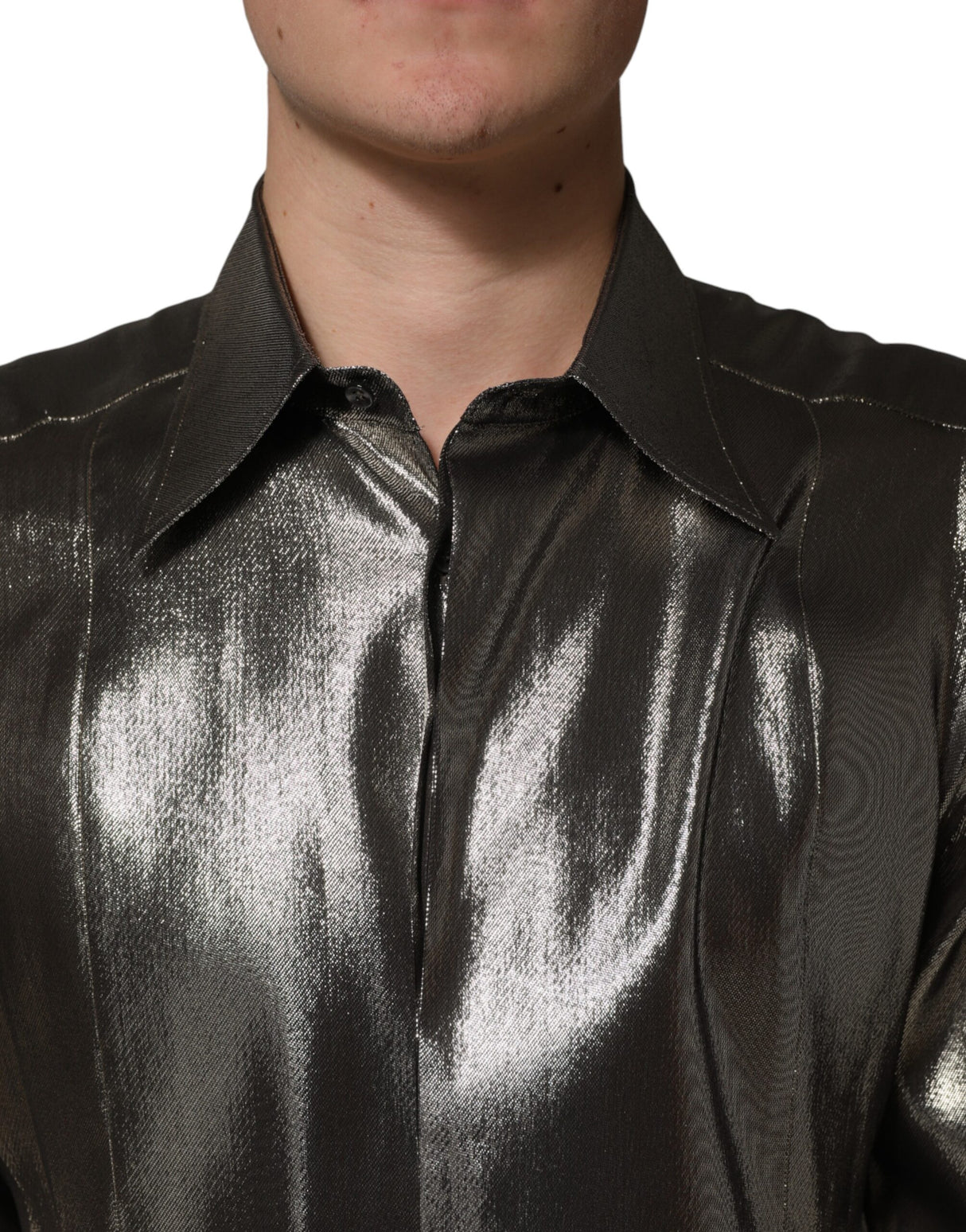 Dolce & Gabbana Silver Silk GOLD Collared Dress Formal Shirt