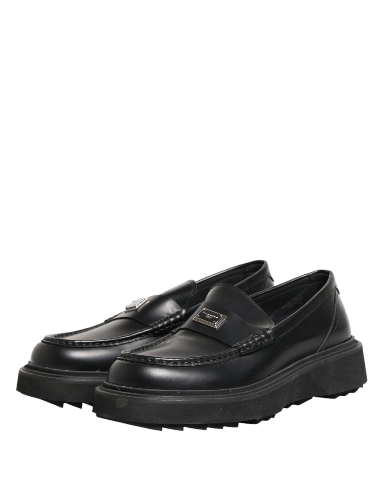 Dolce & Gabbana Black Leather DG Plaque Loafers Dress Shoes