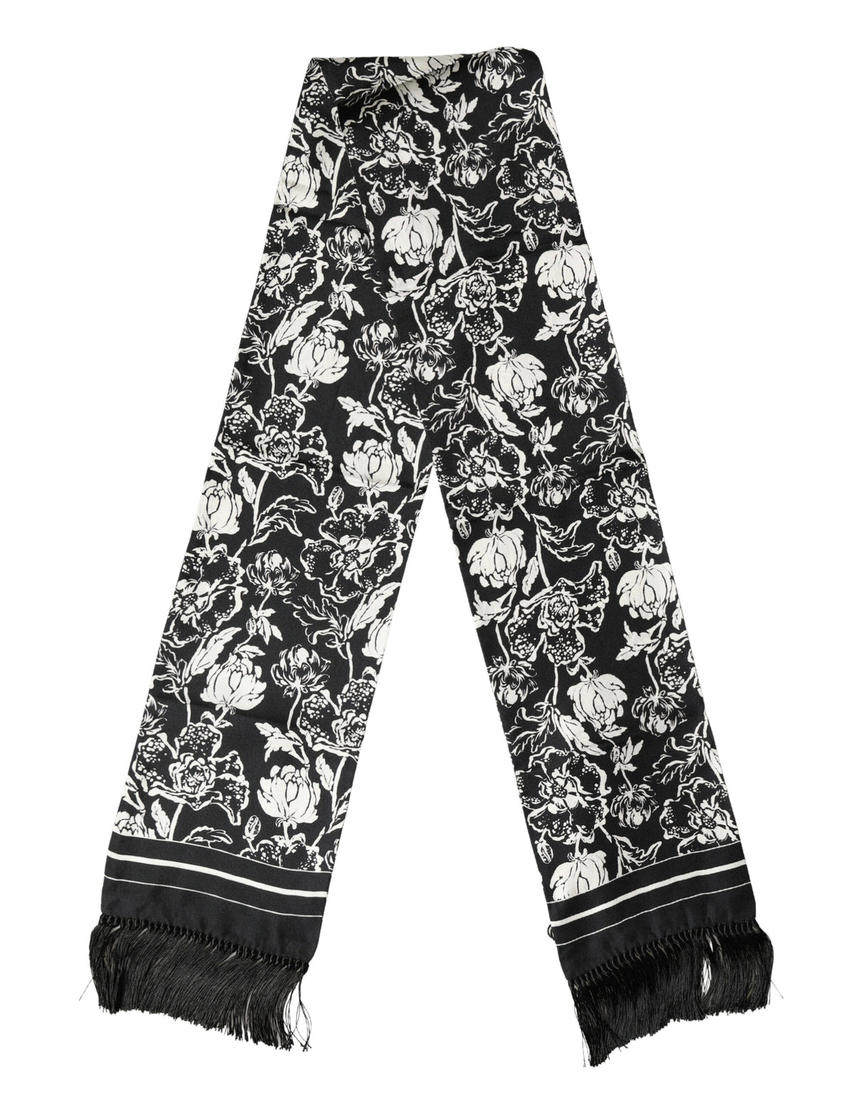 Dolce & Gabbana Black White Silk Floral Print Fringe 136cm X 15.5cm Scarf
