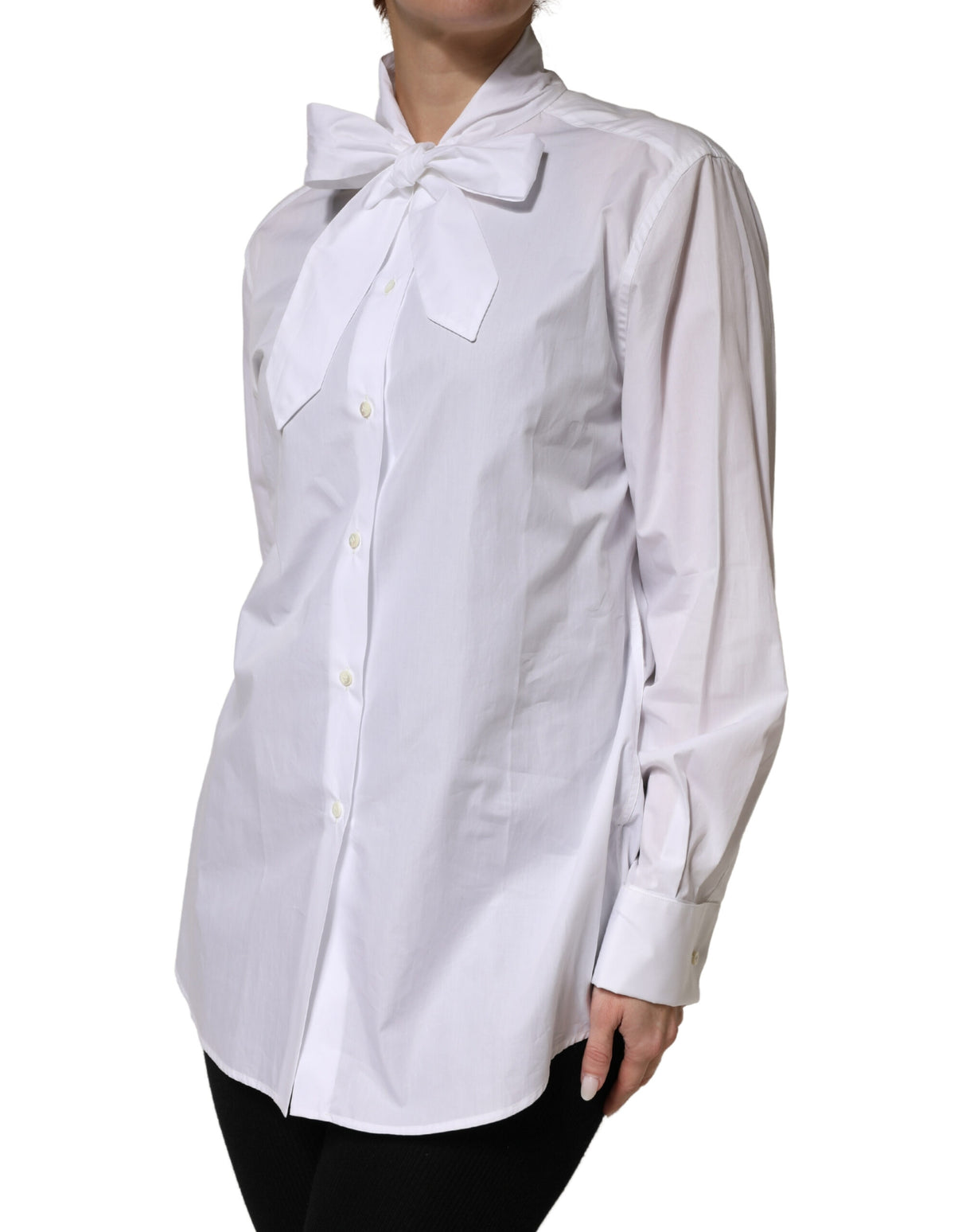 Dolce & Gabbana White Cotton Bow Tie Long Sleeves Blouse Top