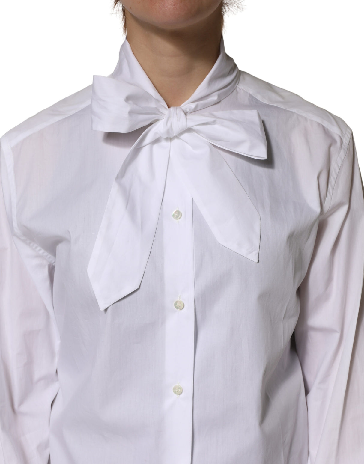 Dolce & Gabbana White Cotton Bow Tie Long Sleeves Blouse Top
