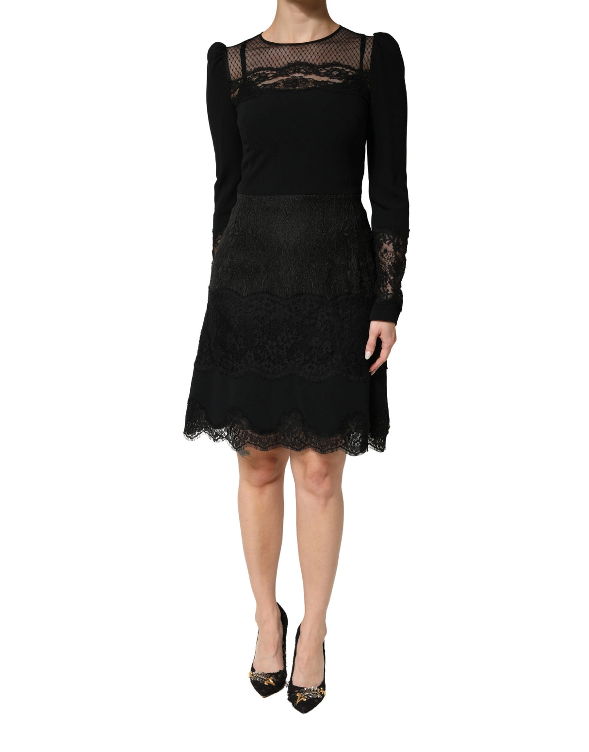 Dolce & Gabbana Black Lace Sheer Panel Midi Long Sleeve Dress