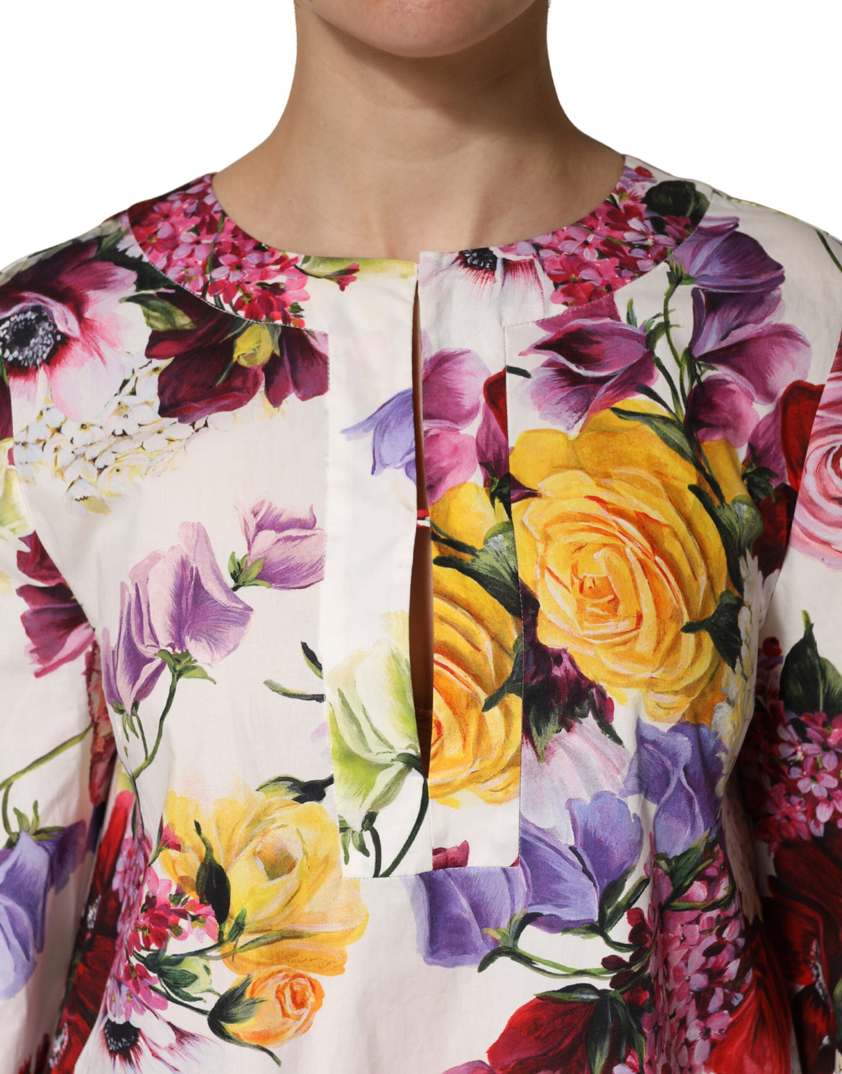Dolce & Gabbana Multicolor Floral Cotton Longsleeves Midi Dress