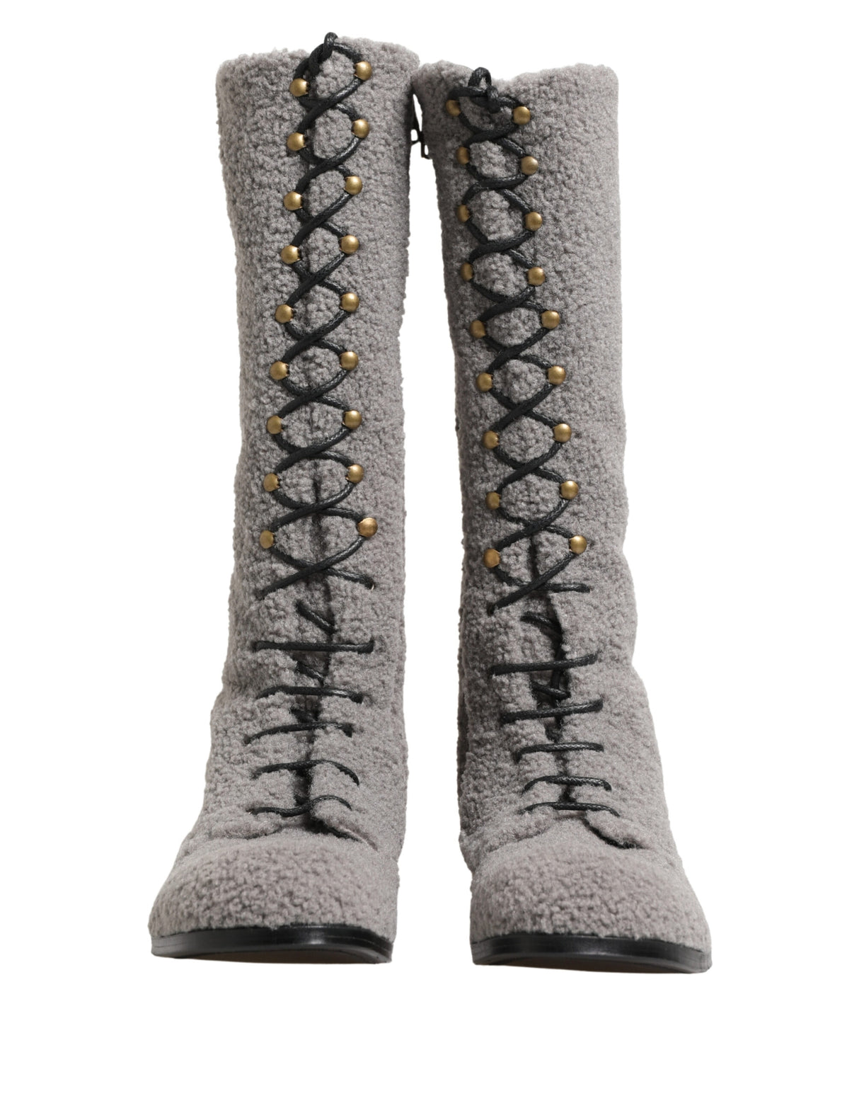 Dolce & Gabbana Gray Shearling Lace Up Knee High Boots Shoes