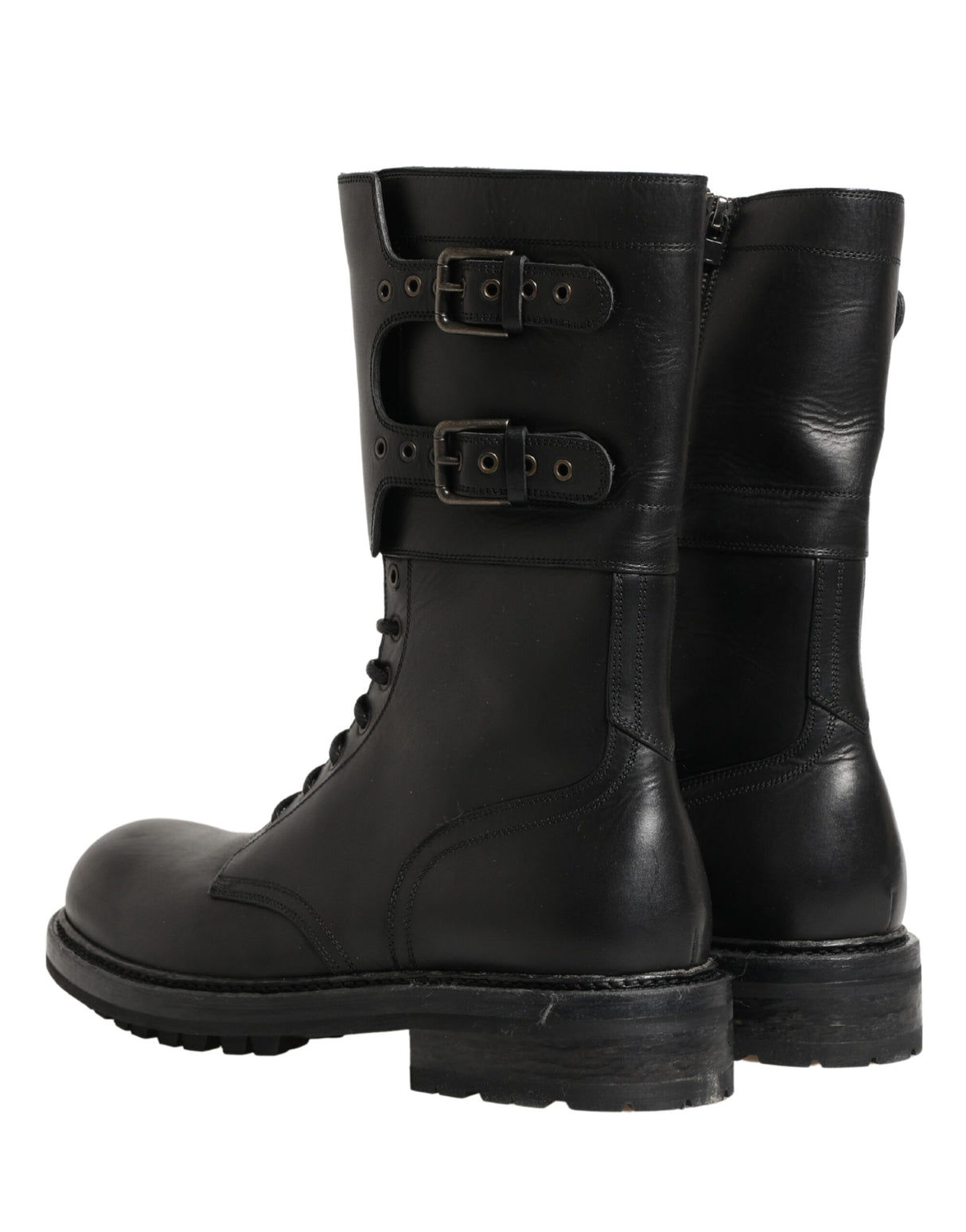 Dolce & Gabbana Black Leather Belted Buckle Combat Boots Shoes