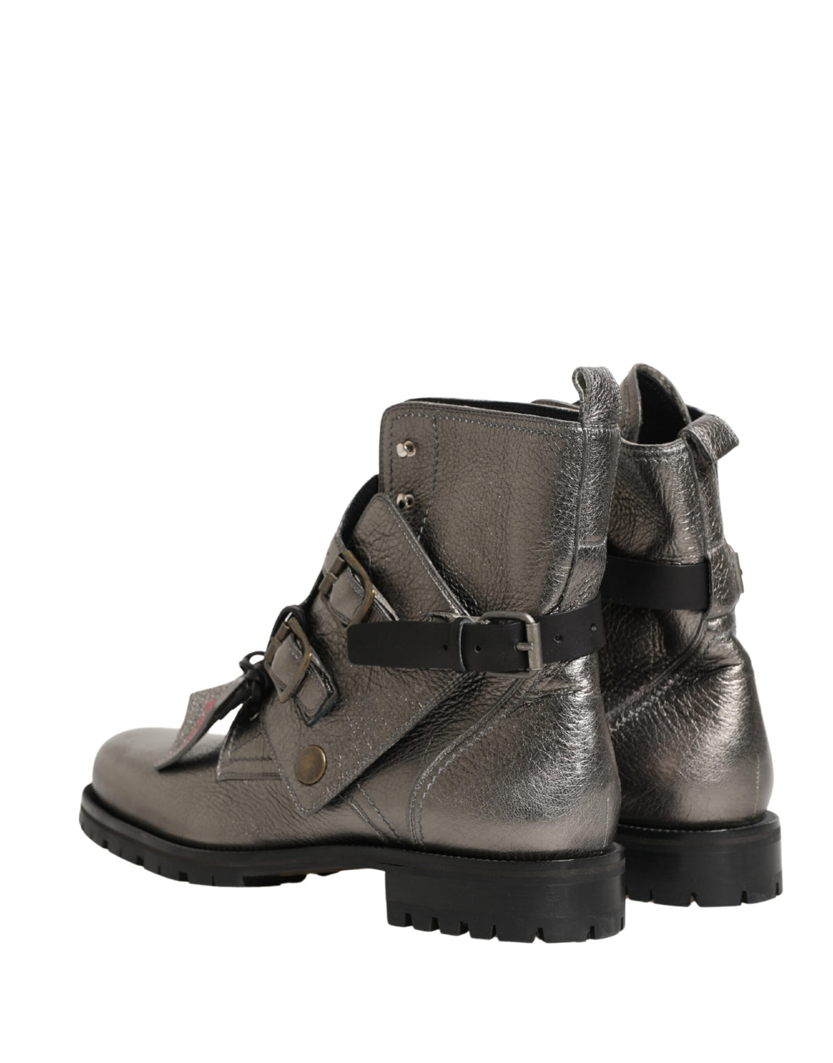 Dolce & Gabbana Metallic Silver Leather Buckle Ankle Boots Shoes