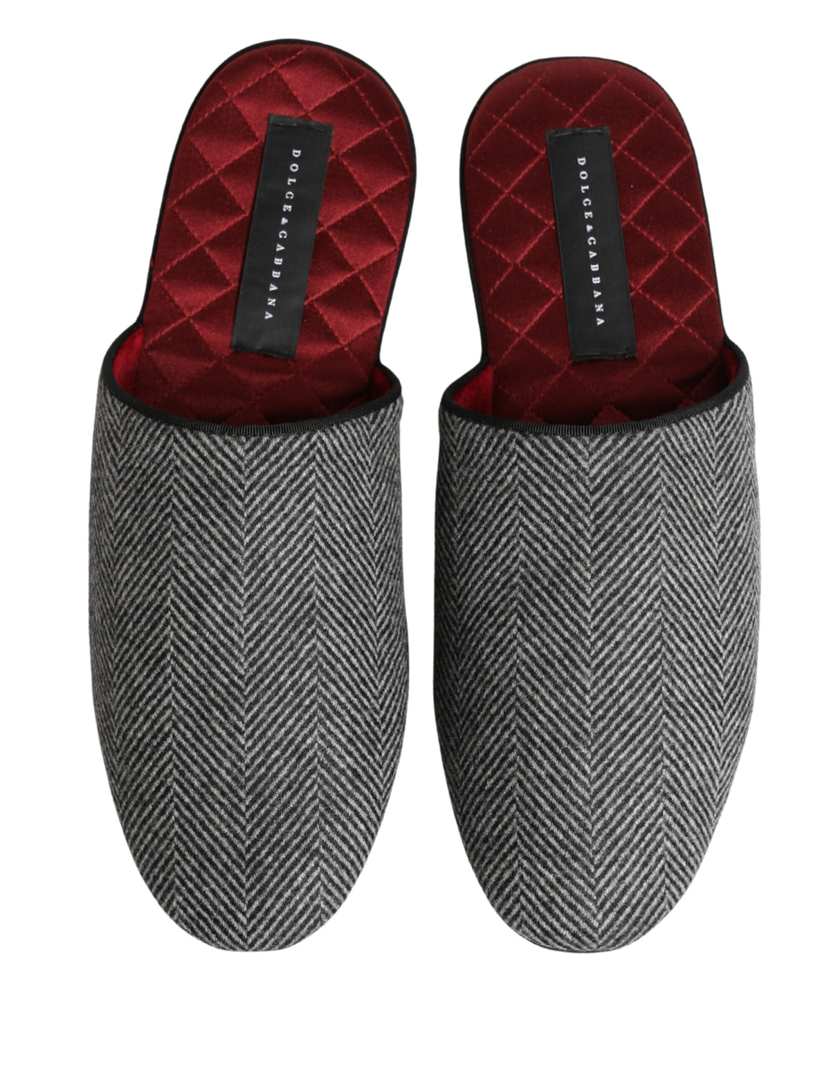 Dolce & Gabbana Grey Herringbone Cashmere Red Slippers Shoes