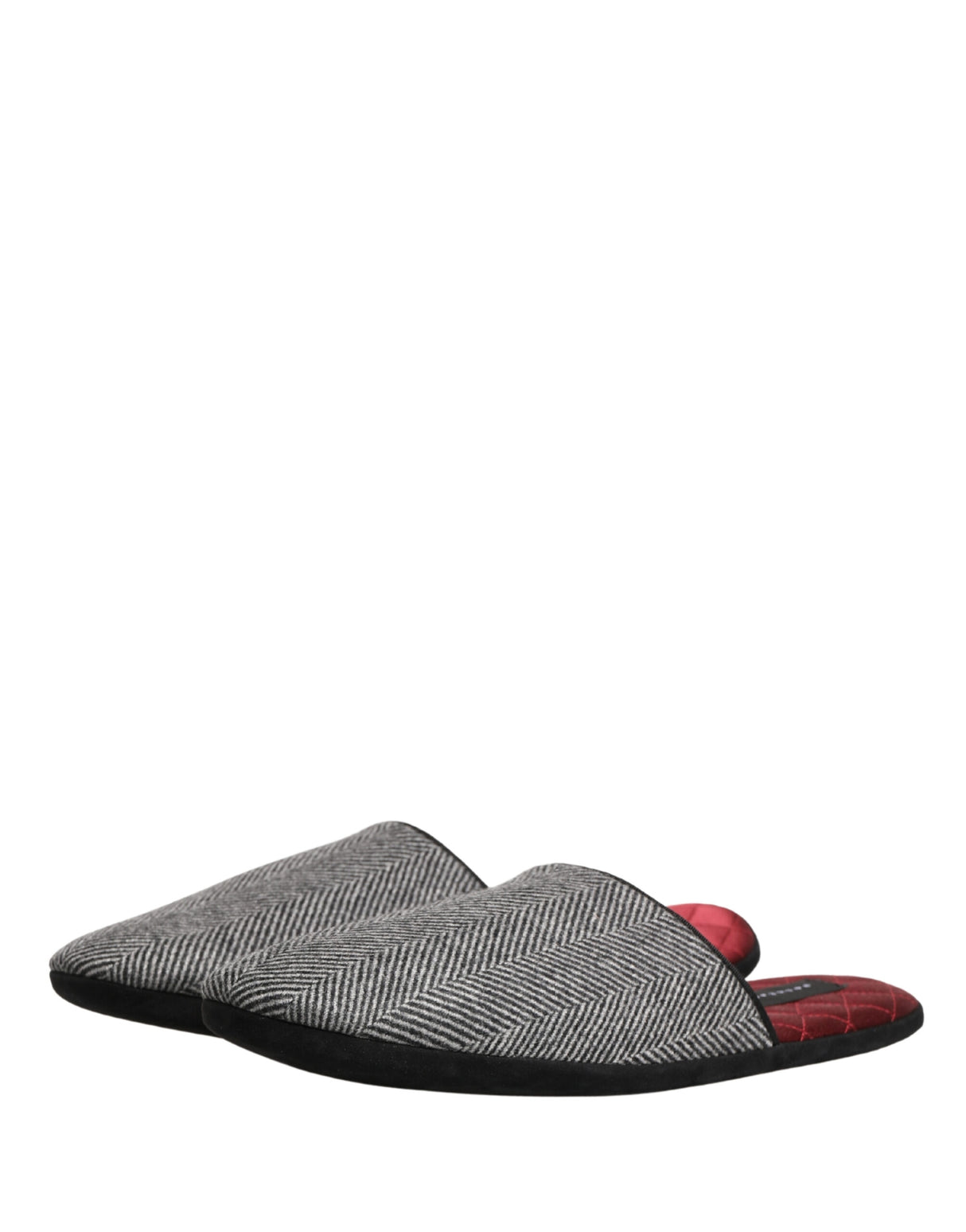 Dolce & Gabbana Grey Herringbone Cashmere Red Slippers Shoes