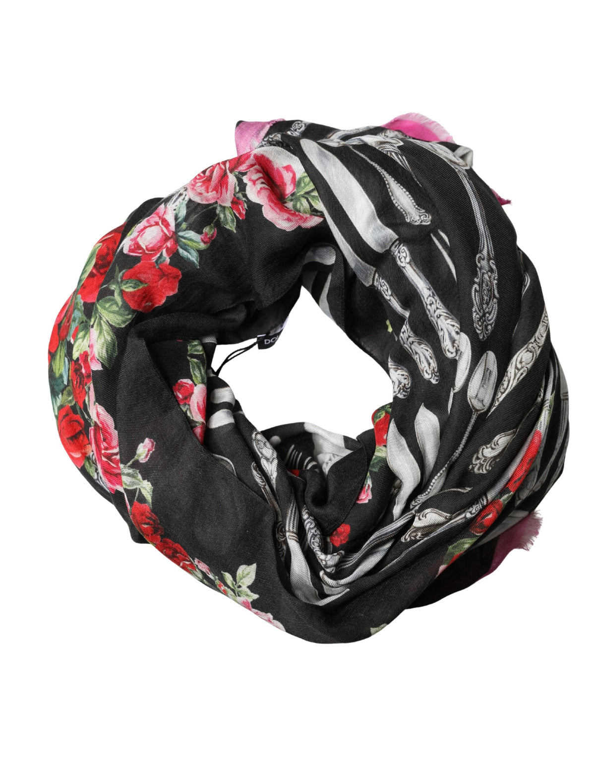 Dolce & Gabbana Multicolor Cutlery Floral Wrap Shawl 135cm x 132cm Scarf