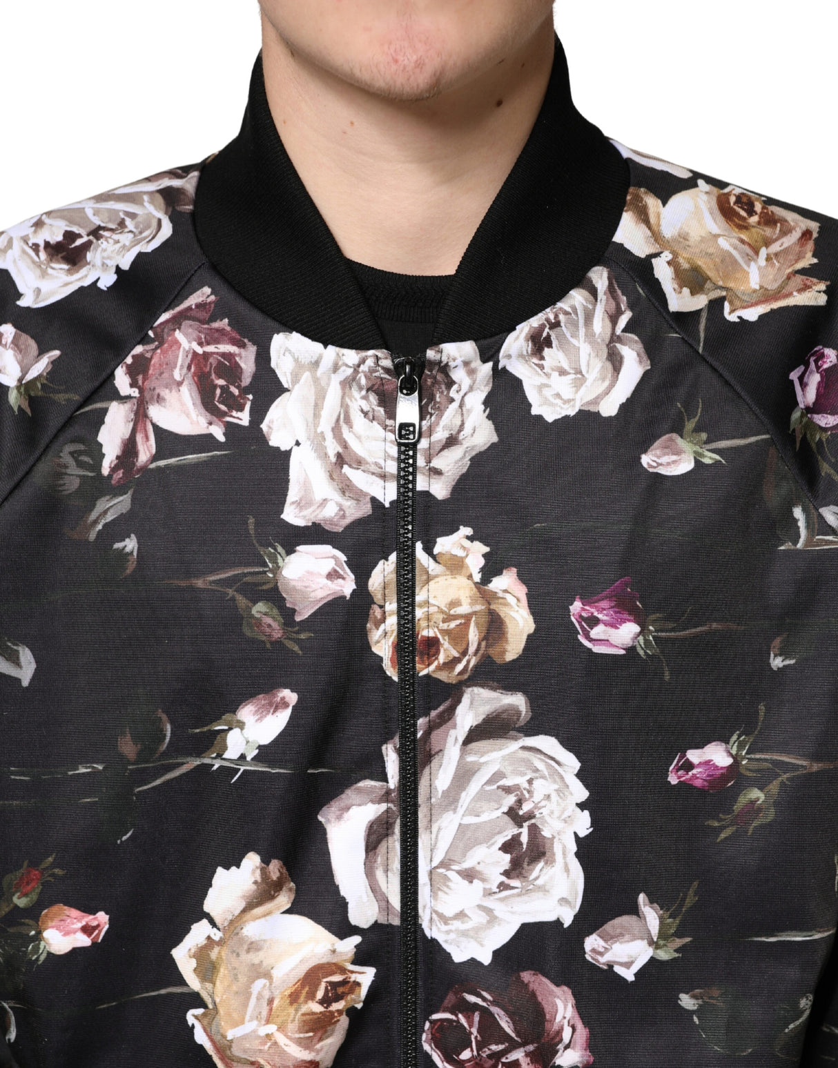 Dolce & Gabbana Black Floral Polyester Full Zip Bomber Jacket