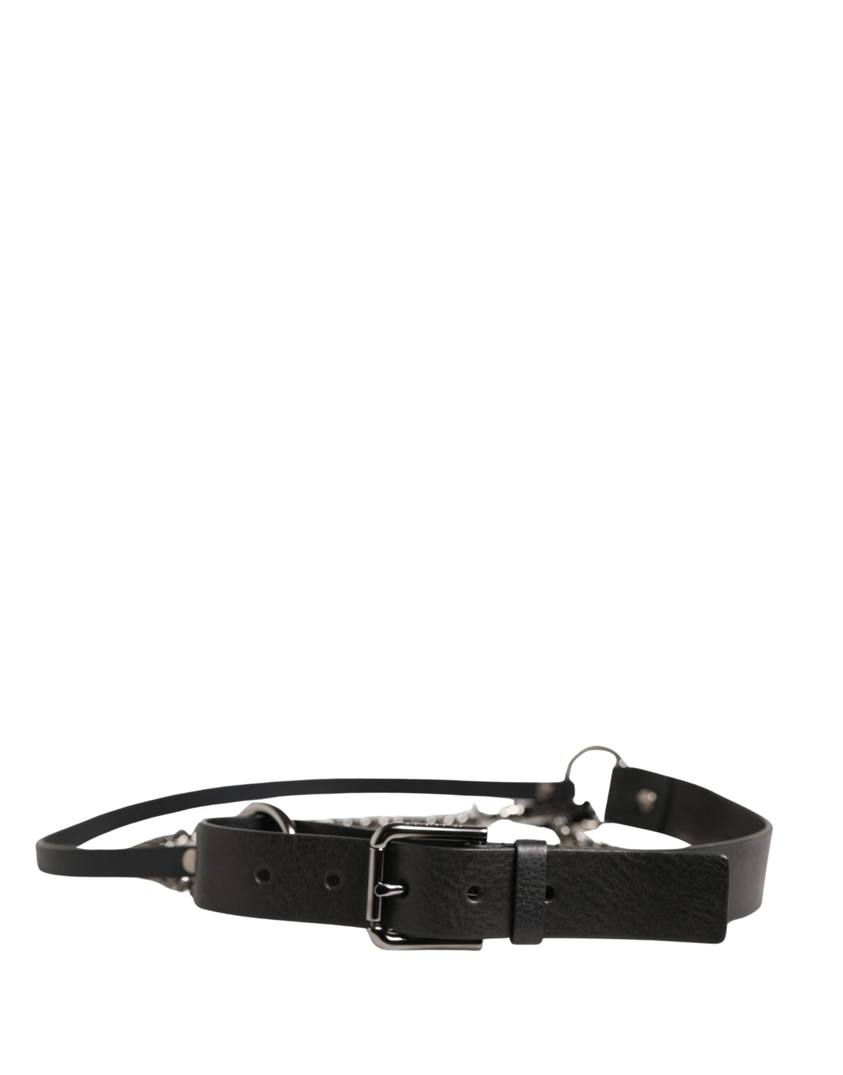 Dolce & Gabbana Black Leather Silver Chain Waist Men Belt