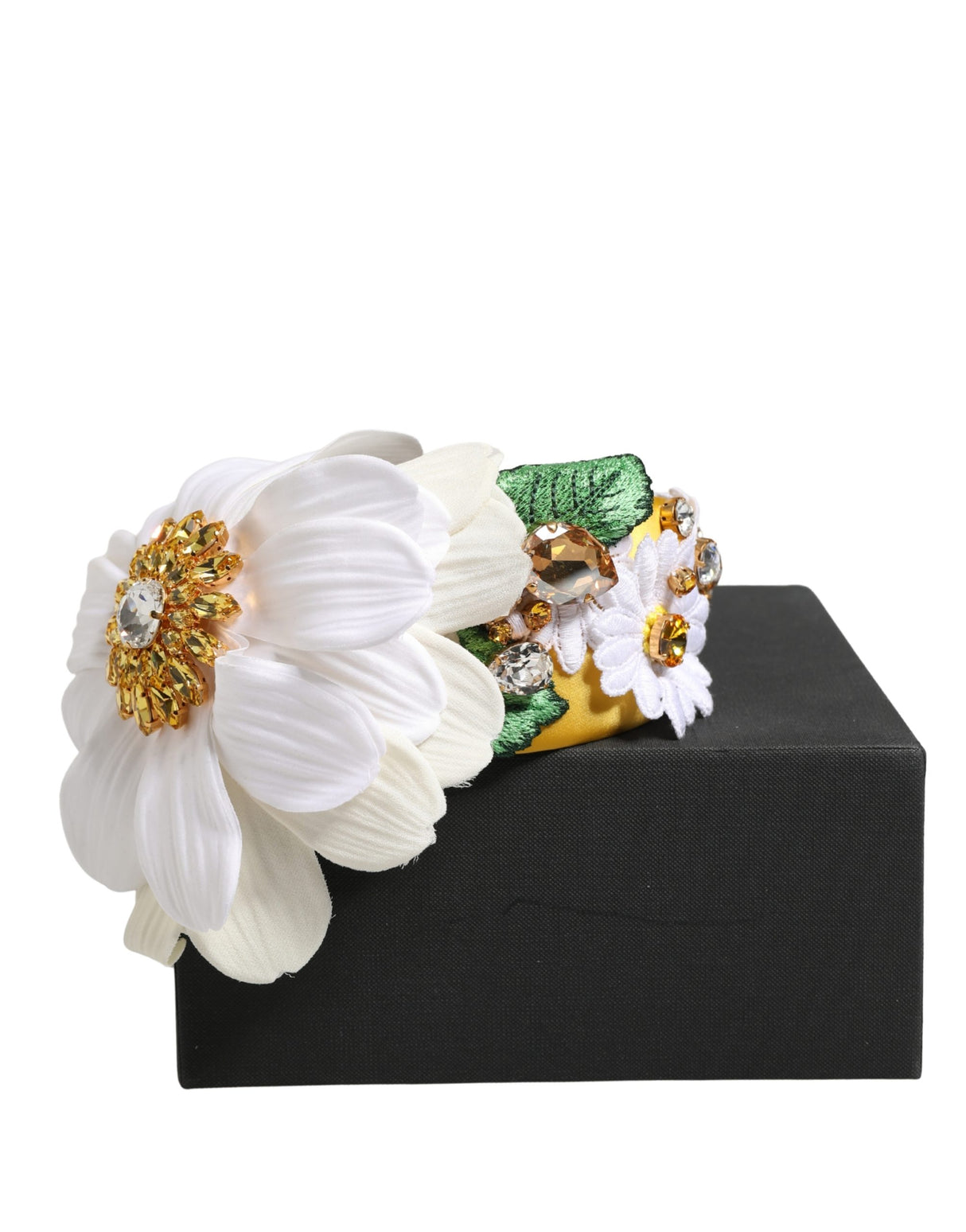Dolce & Gabbana White Yellow Silk Blend Floral Crystals Diadem Headband