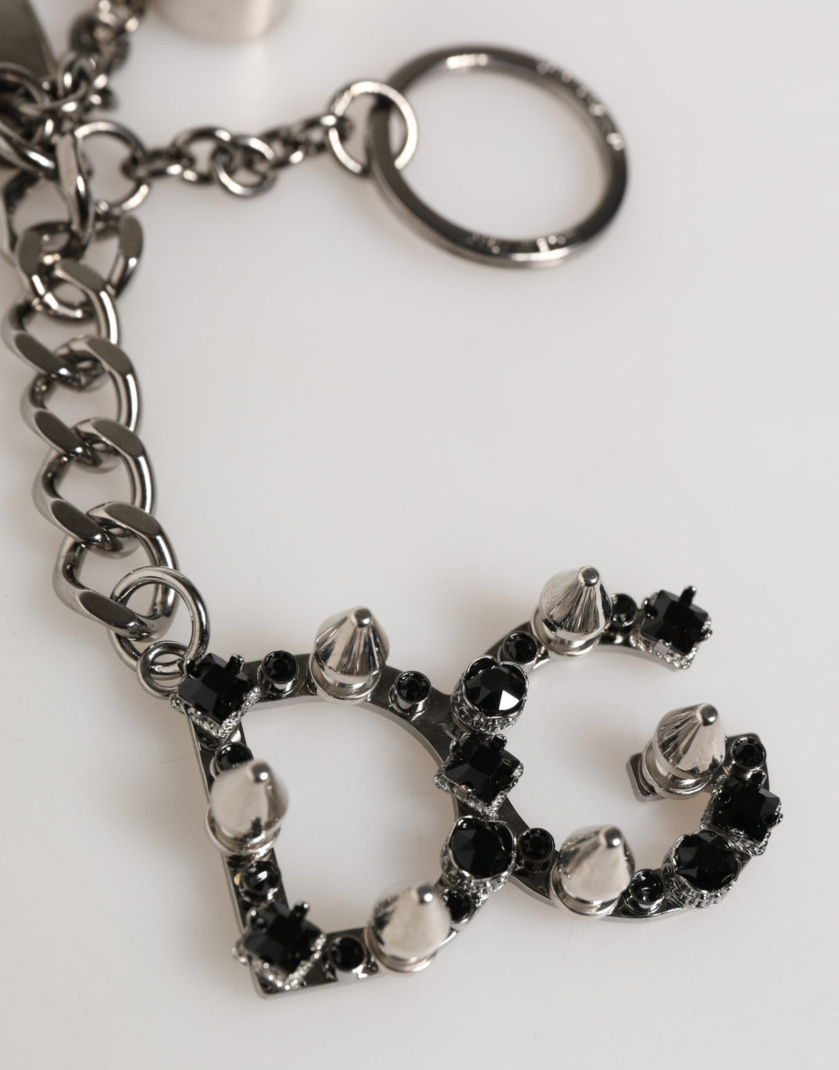 Dolce & Gabbana Silver Brass Metal DG Logo Crystal Ring Keyring Keychain