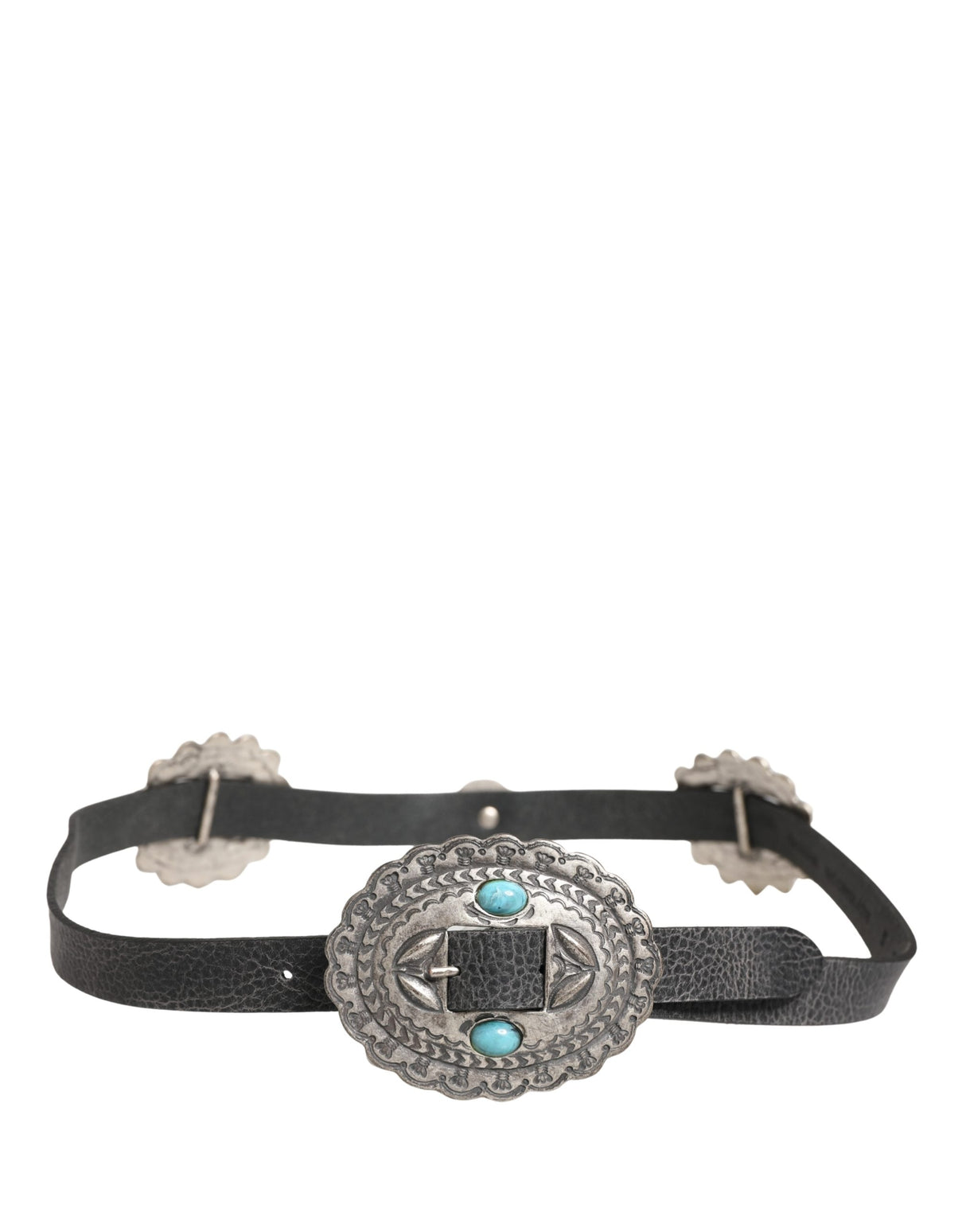 Cavalli Class Black Turquoise Leather Embellished Oval Buckle Belt