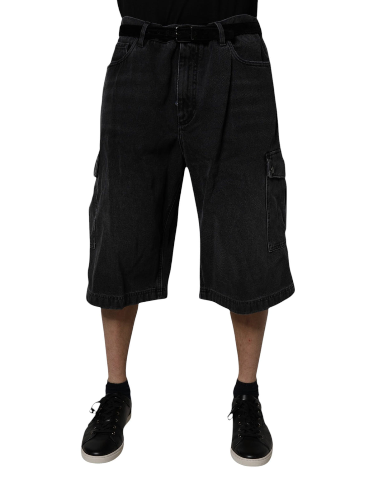 Dolce & Gabbana Black Mid Waist Denim Cargo Bermuda Shorts