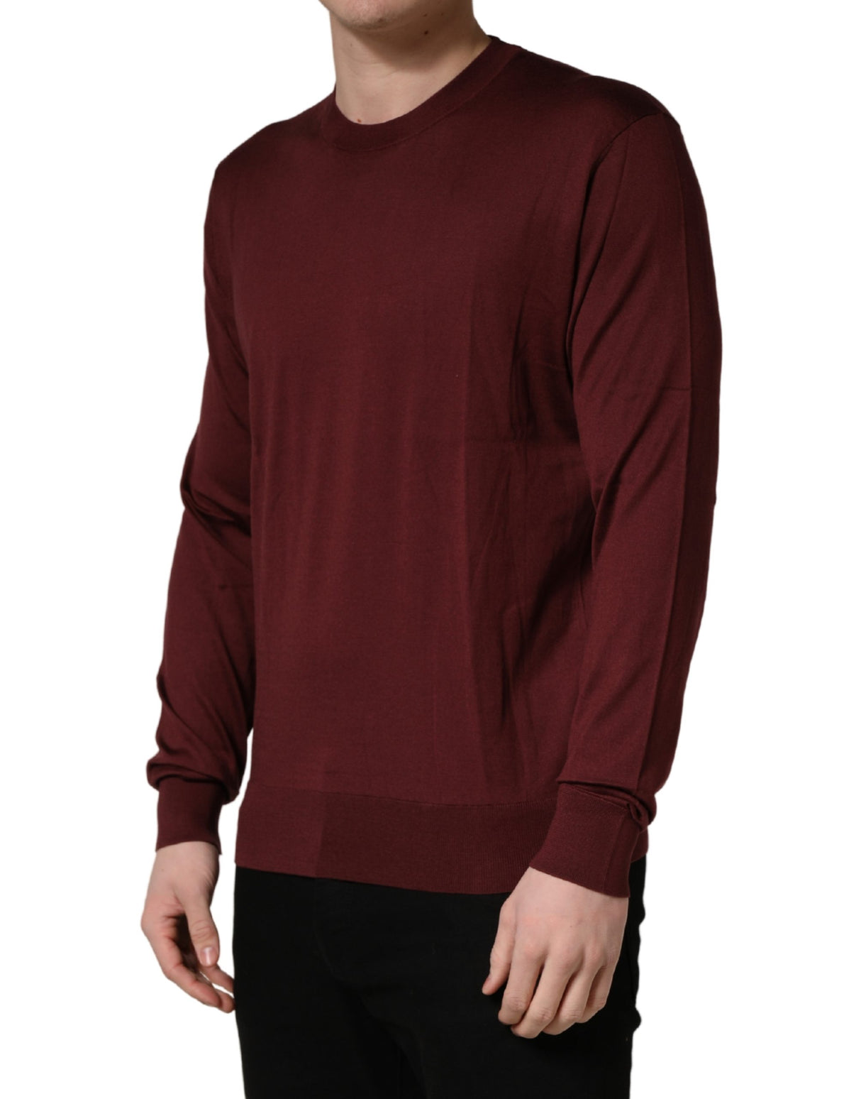 Dolce & Gabbana Maroon Silk Men Crew Neck Pullover Sweater