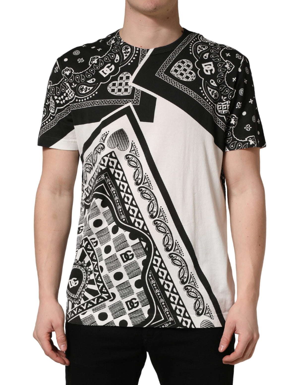 Dolce & Gabbana Black White Bandana Cotton Crew Neck T-shirt