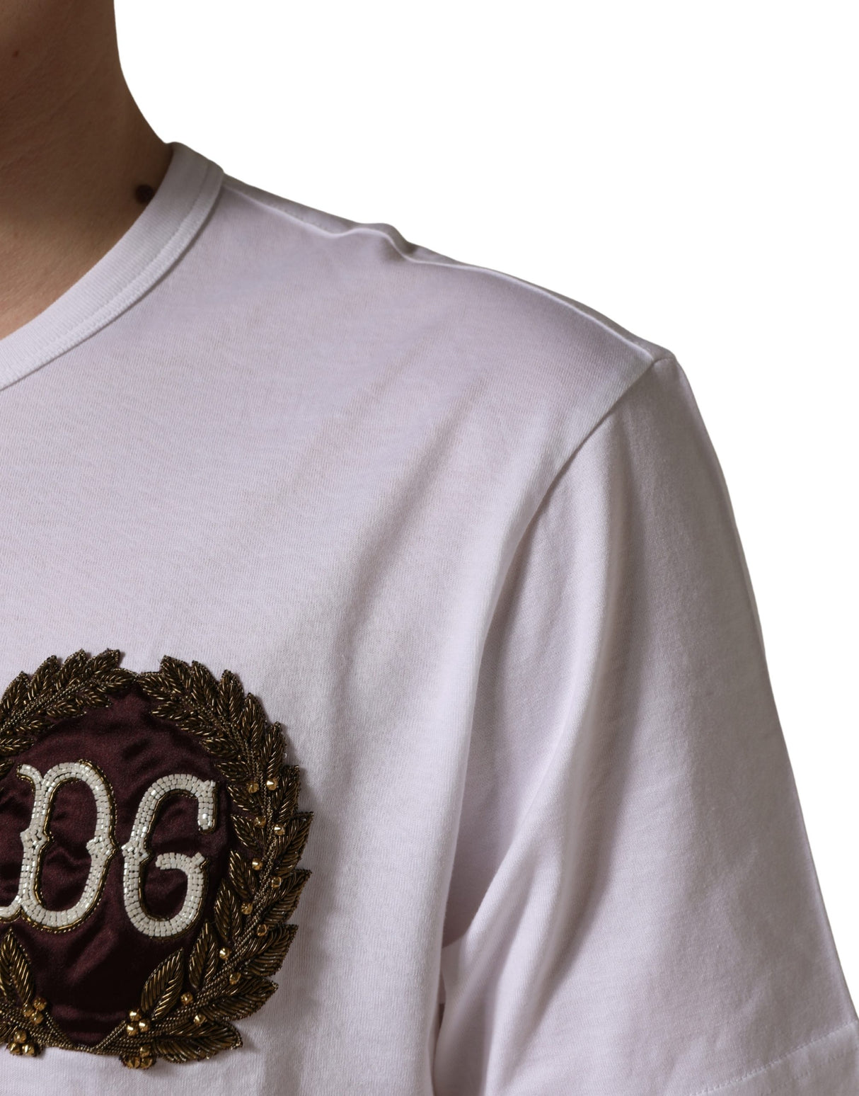 Dolce & Gabbana White DG Leaf Embroidery Crew Neck T-shirt