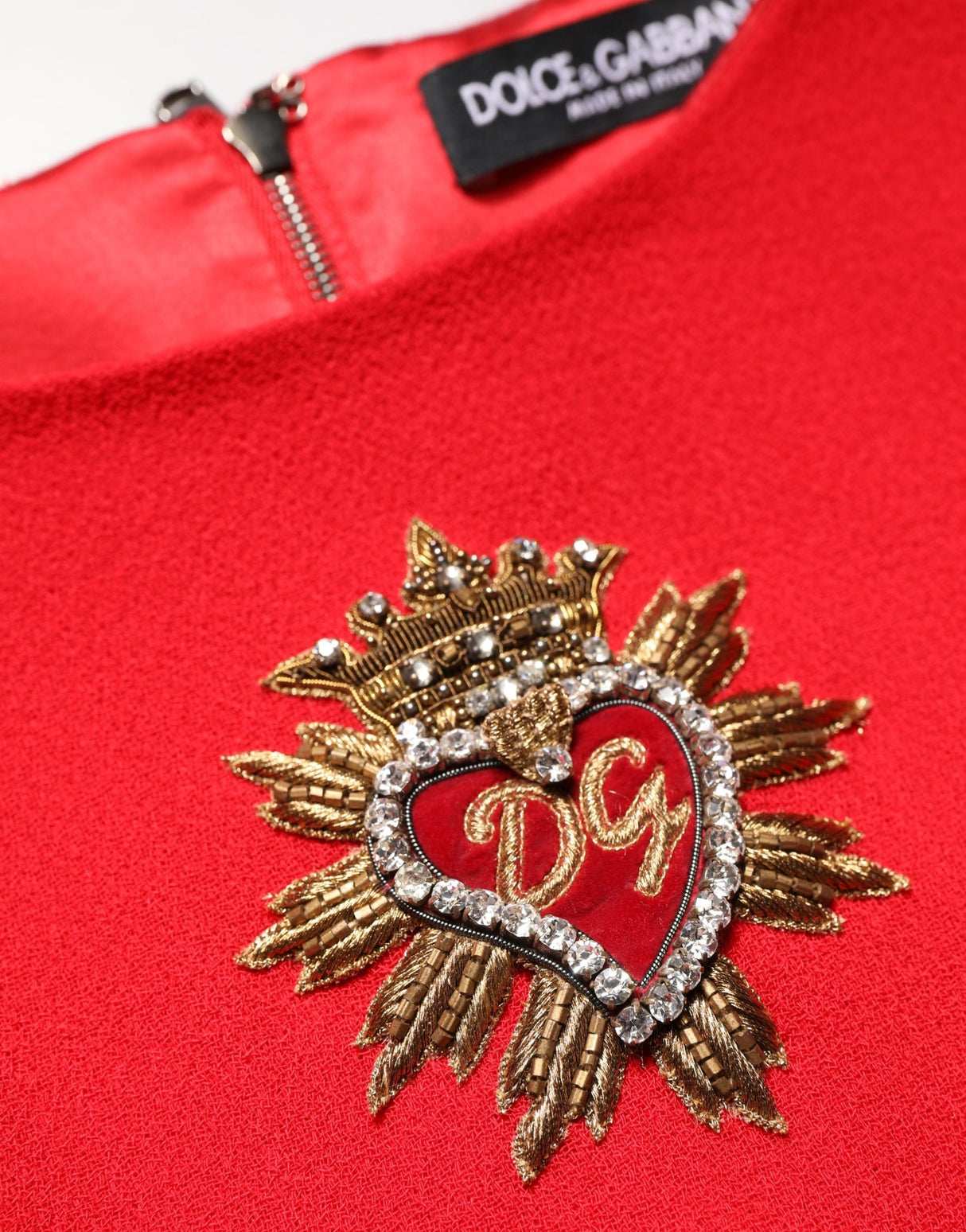 Dolce & Gabbana Red Heart Emmbellished Wool Mini Dress
