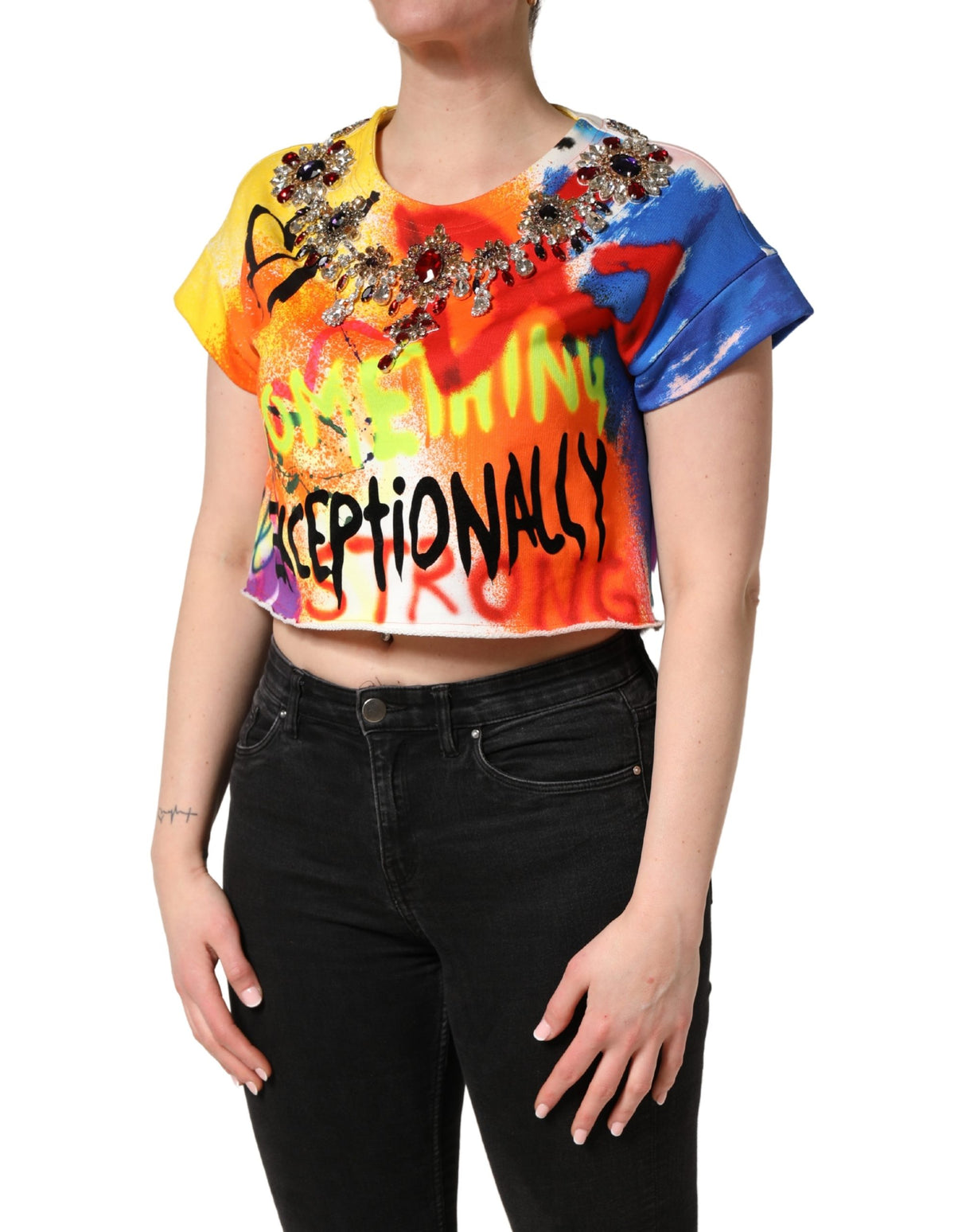 Dolce & Gabbana Multicolor Graffiti Crystals Crop Jersey Top