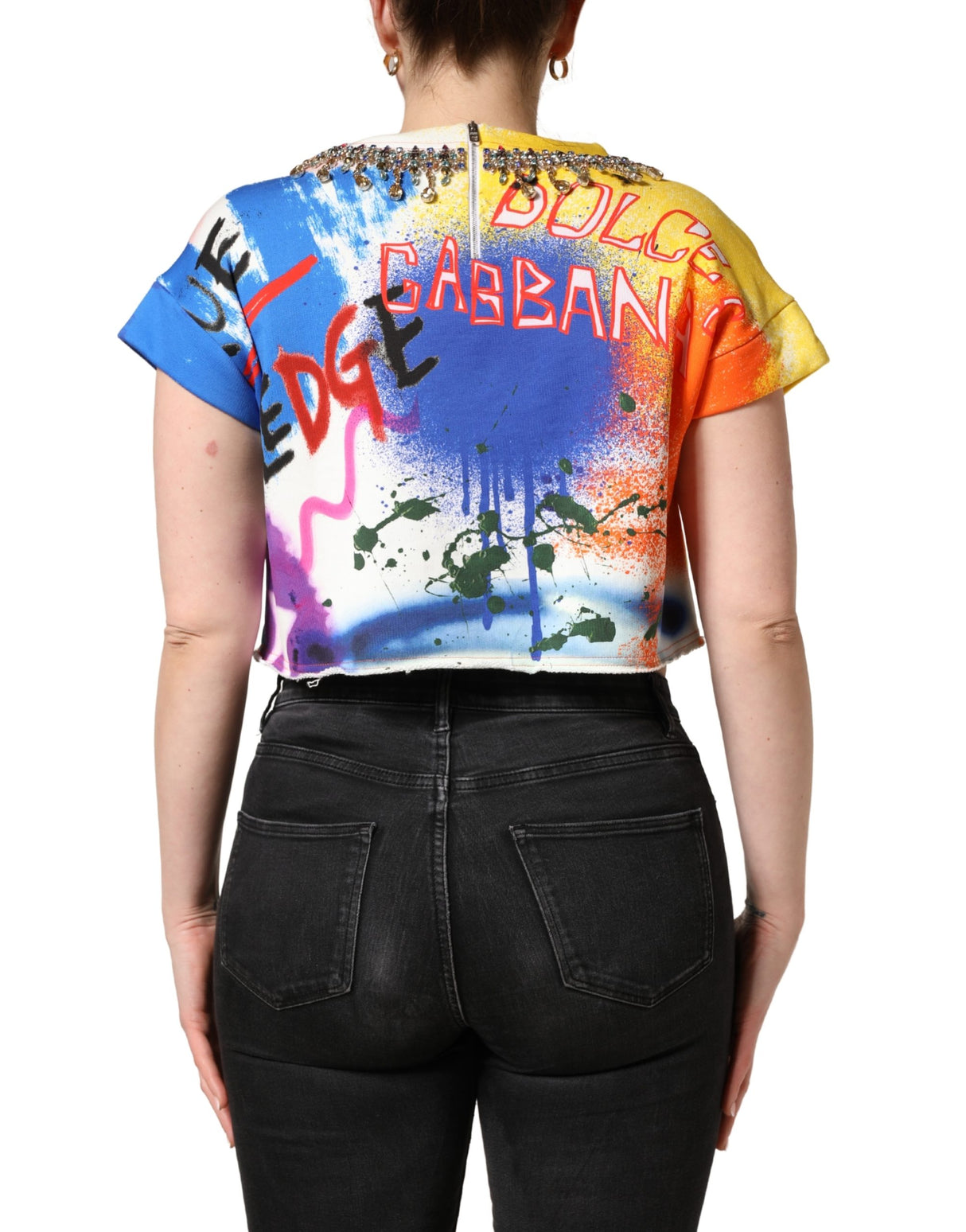 Dolce & Gabbana Multicolor Graffiti Crystals Crop Jersey Top