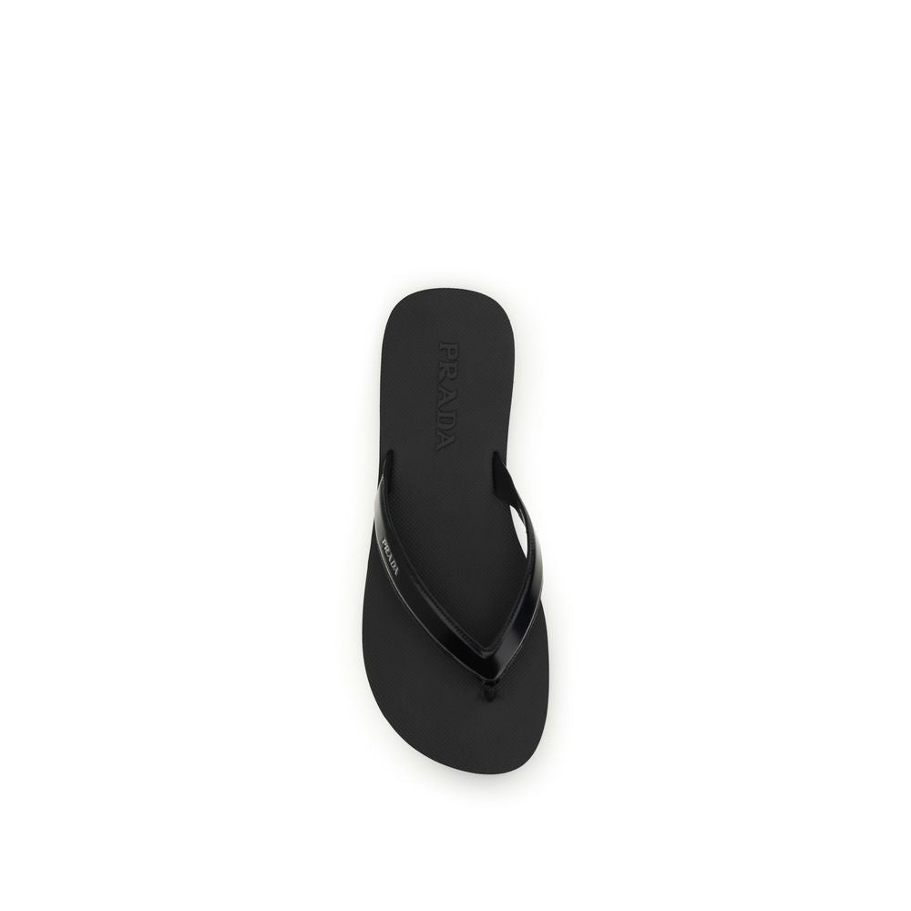 Prada Black Calf Leather Bos Taurus Flip-Flop Sandals