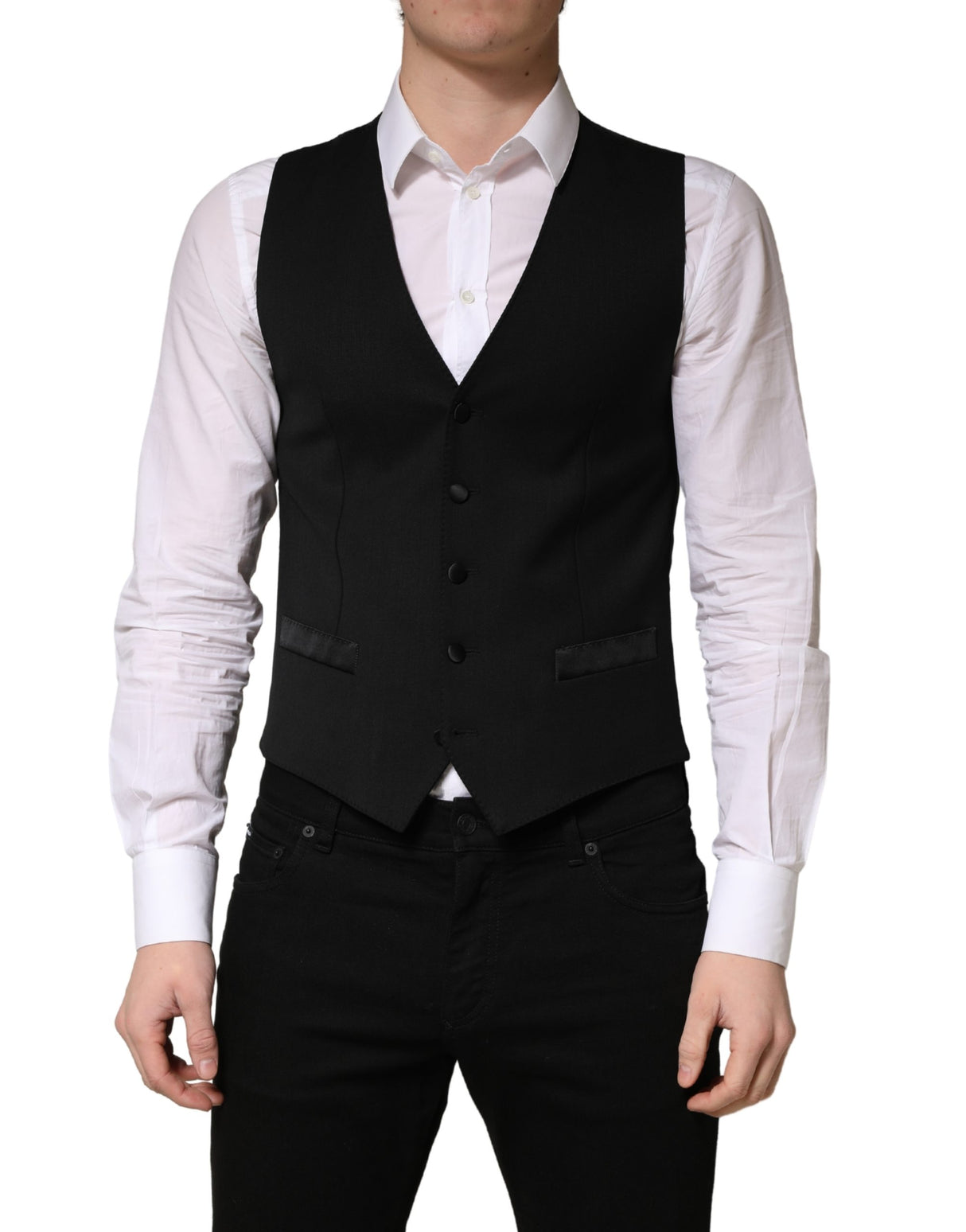 Dolce & Gabbana Black Wool Single Breasted Men Waistcoat Vest