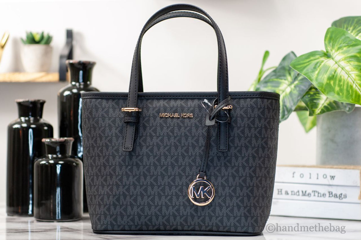 Michael Kors XS Carry All Jet Set Travel Womens Tote (BLACK SIG/GOLD)