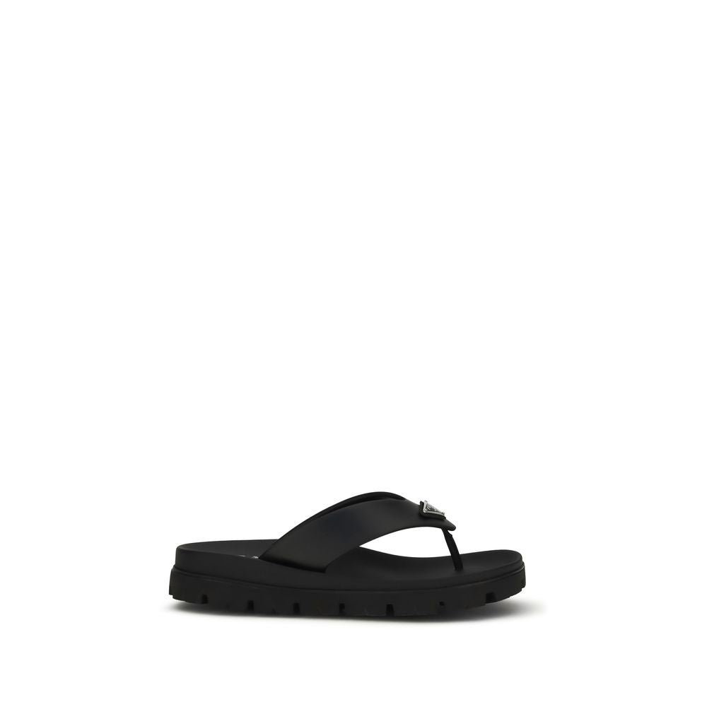 Prada Black Calf Leather Bos Taurus Flip-Flop Sandals