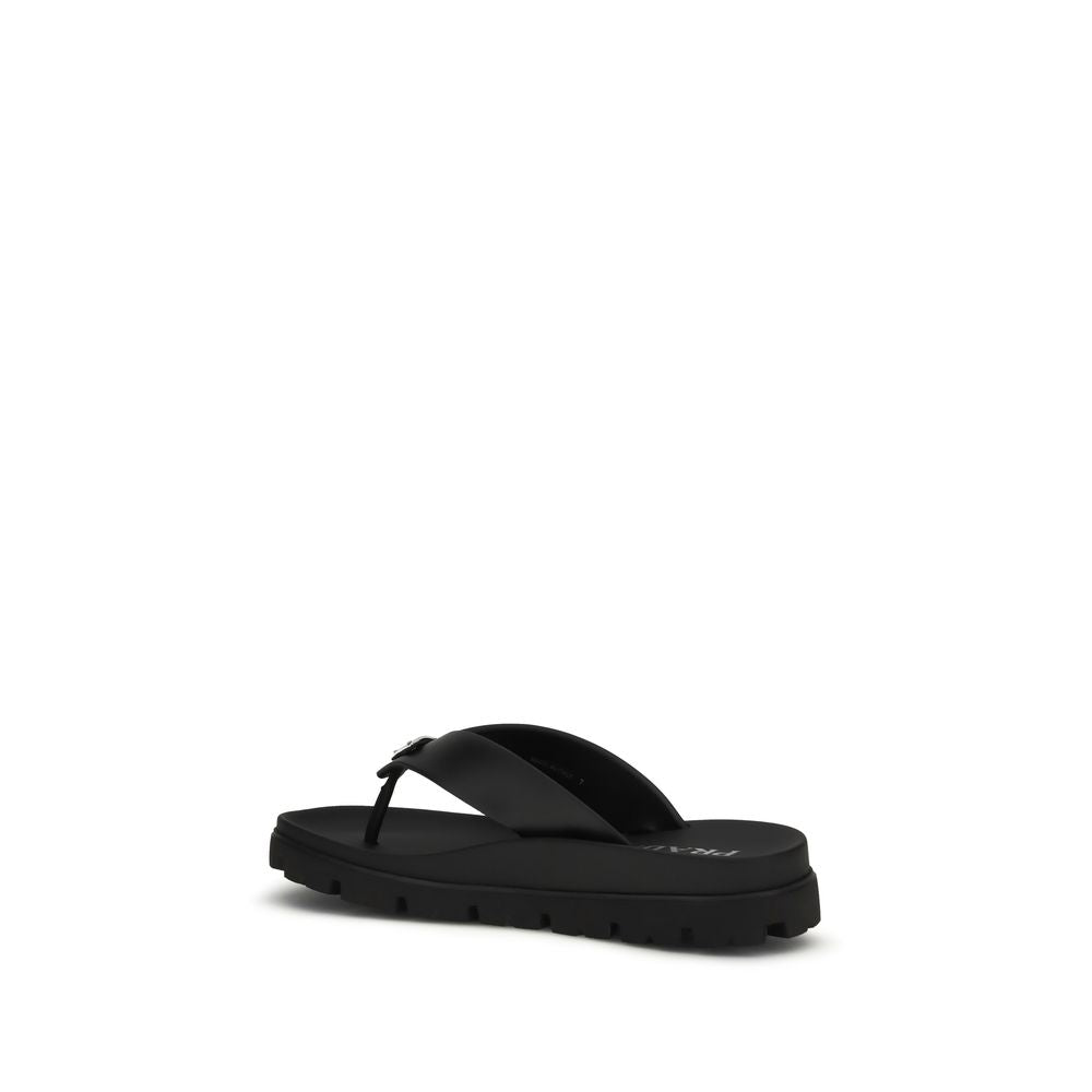 Prada Black Calf Leather Bos Taurus Flip-Flop Sandals