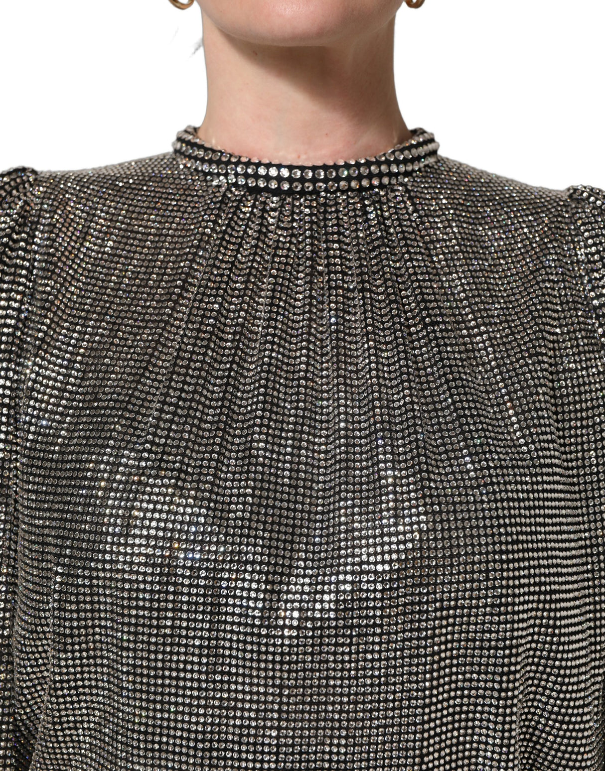 Dolce & Gabbana Silver Rhinestones Long Sleeves Bodysuit Mini Dress