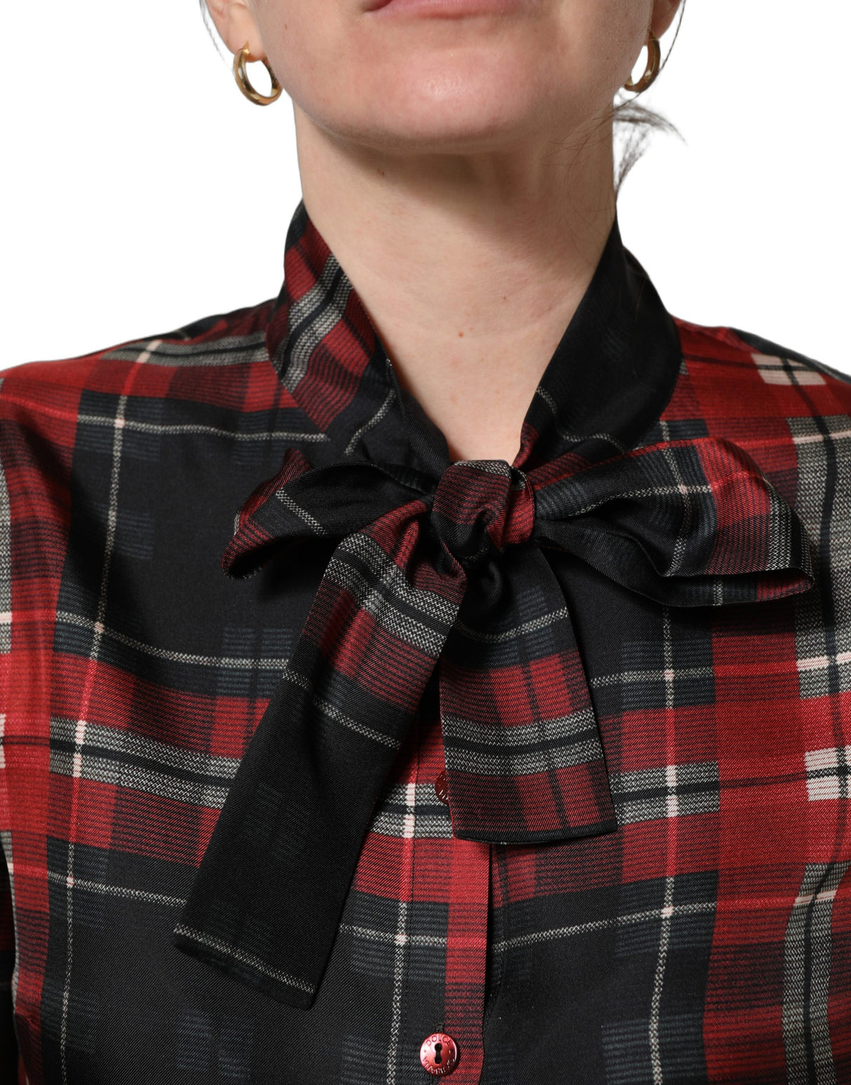Dolce & Gabbana Red Black Plaid Silk Tie-Neck Blouse Top