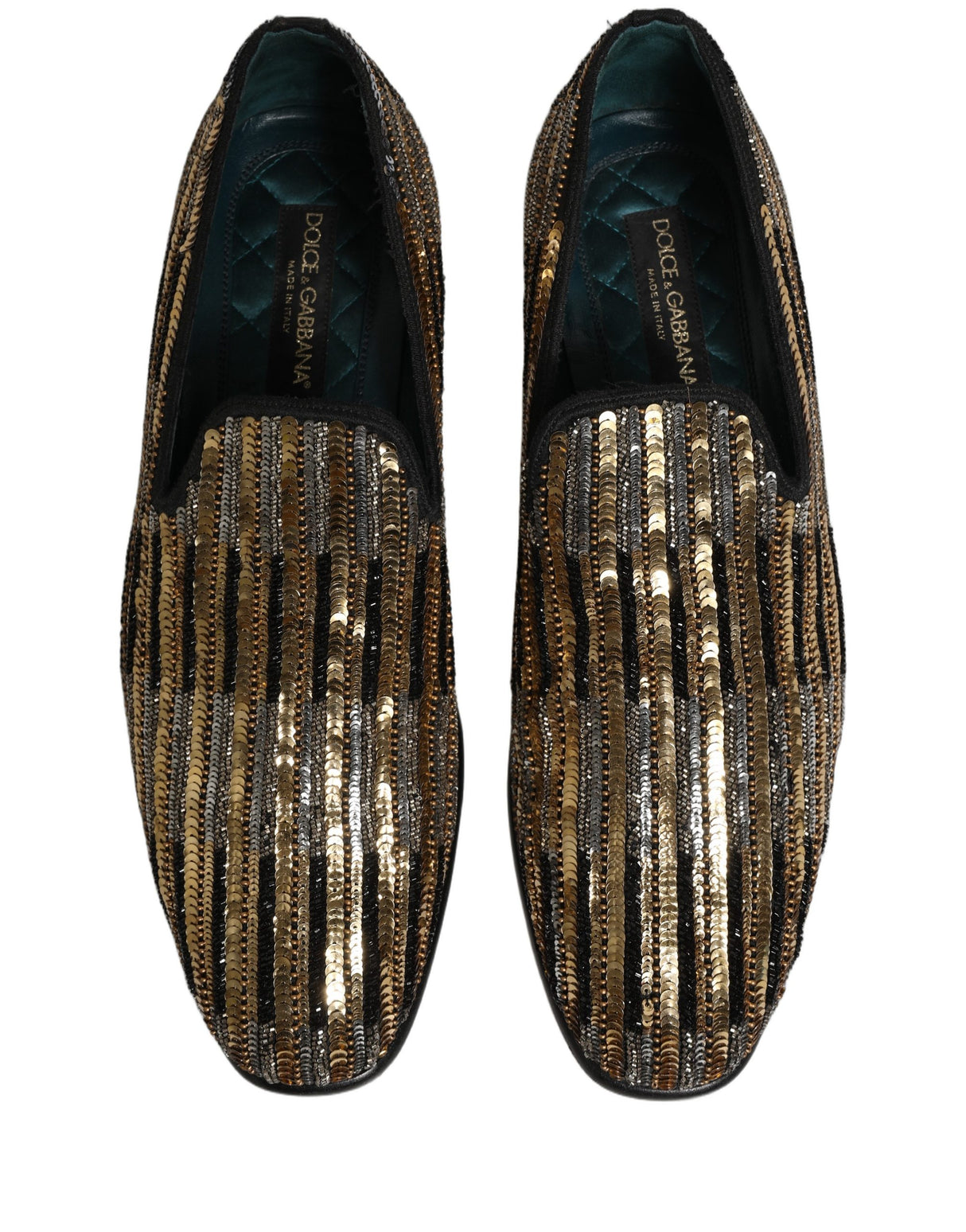 Dolce & Gabbana Gold Striped Sequin Embellished Loafer Shoes