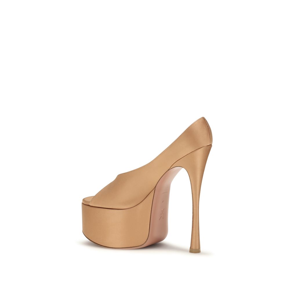 Amina Muaddi Beige Silk Platform Pumps
