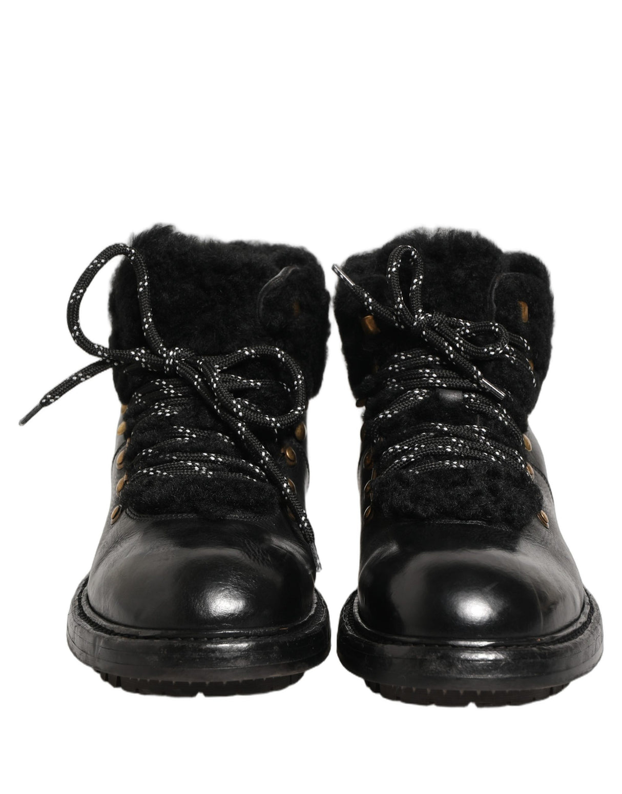 Dolce & Gabbana Black Trekking Fur Lace Leather Boots Shoes