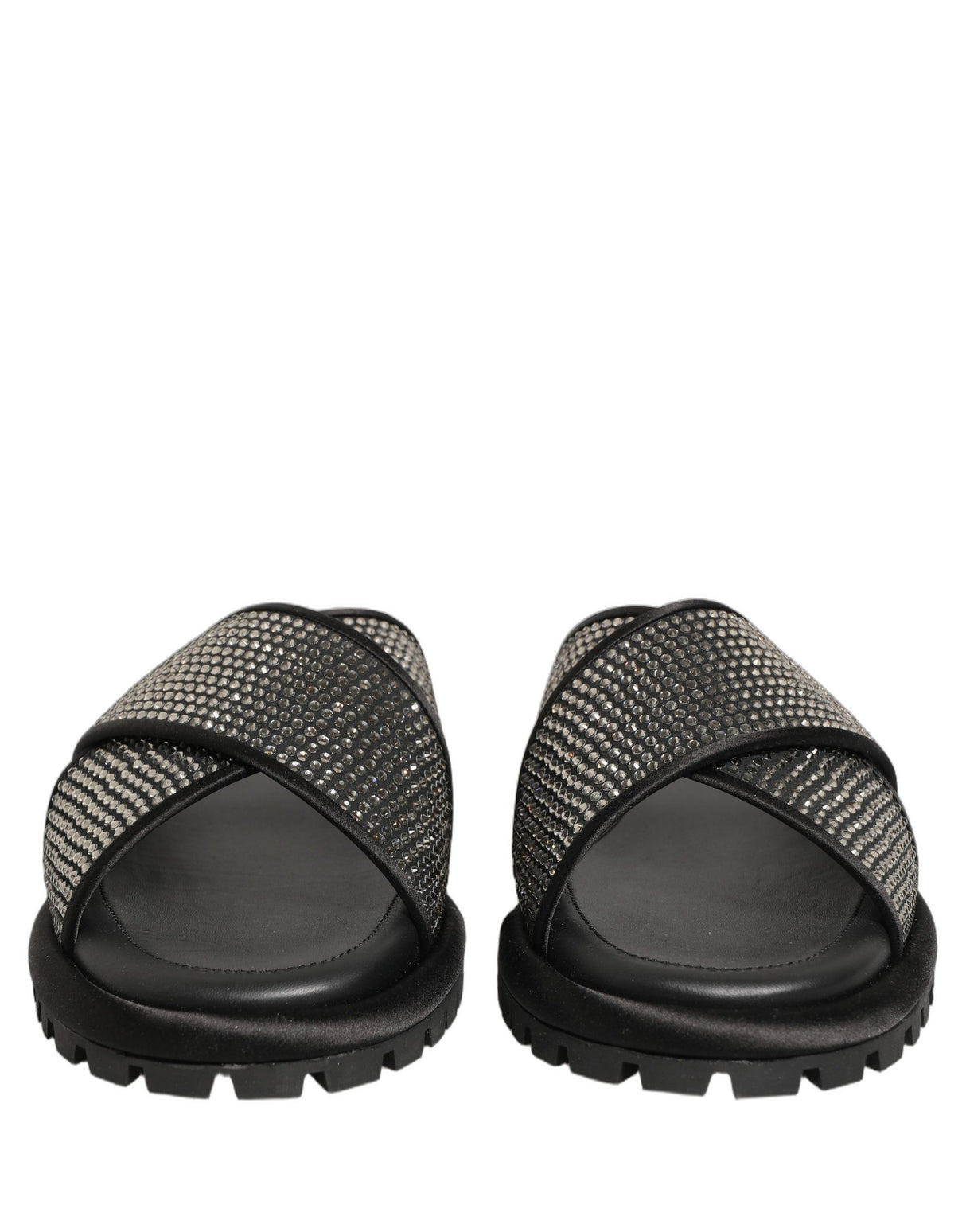 Dolce & Gabbana Black Strass Criss Cross Slide Sandals Shoes