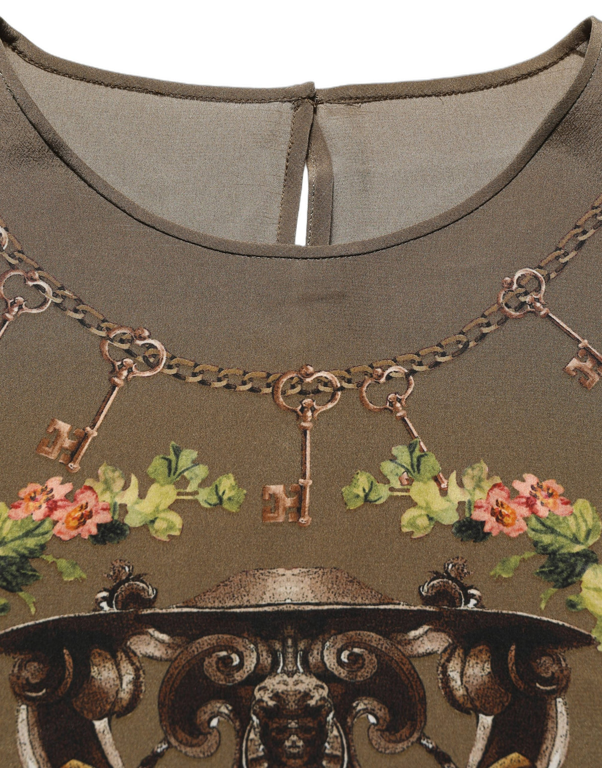 Dolce & Gabbana Brown Keys Roses Printed Silk Blouse Top