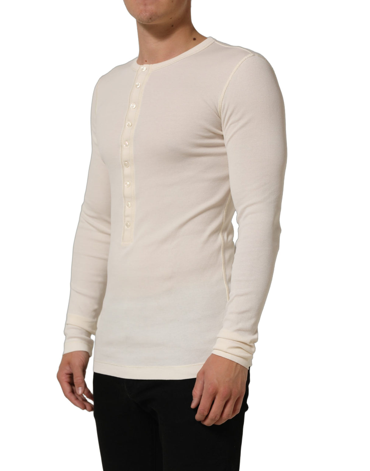 Dolce & Gabbana Off White Cotton Henley Long Sleeves T-shirt