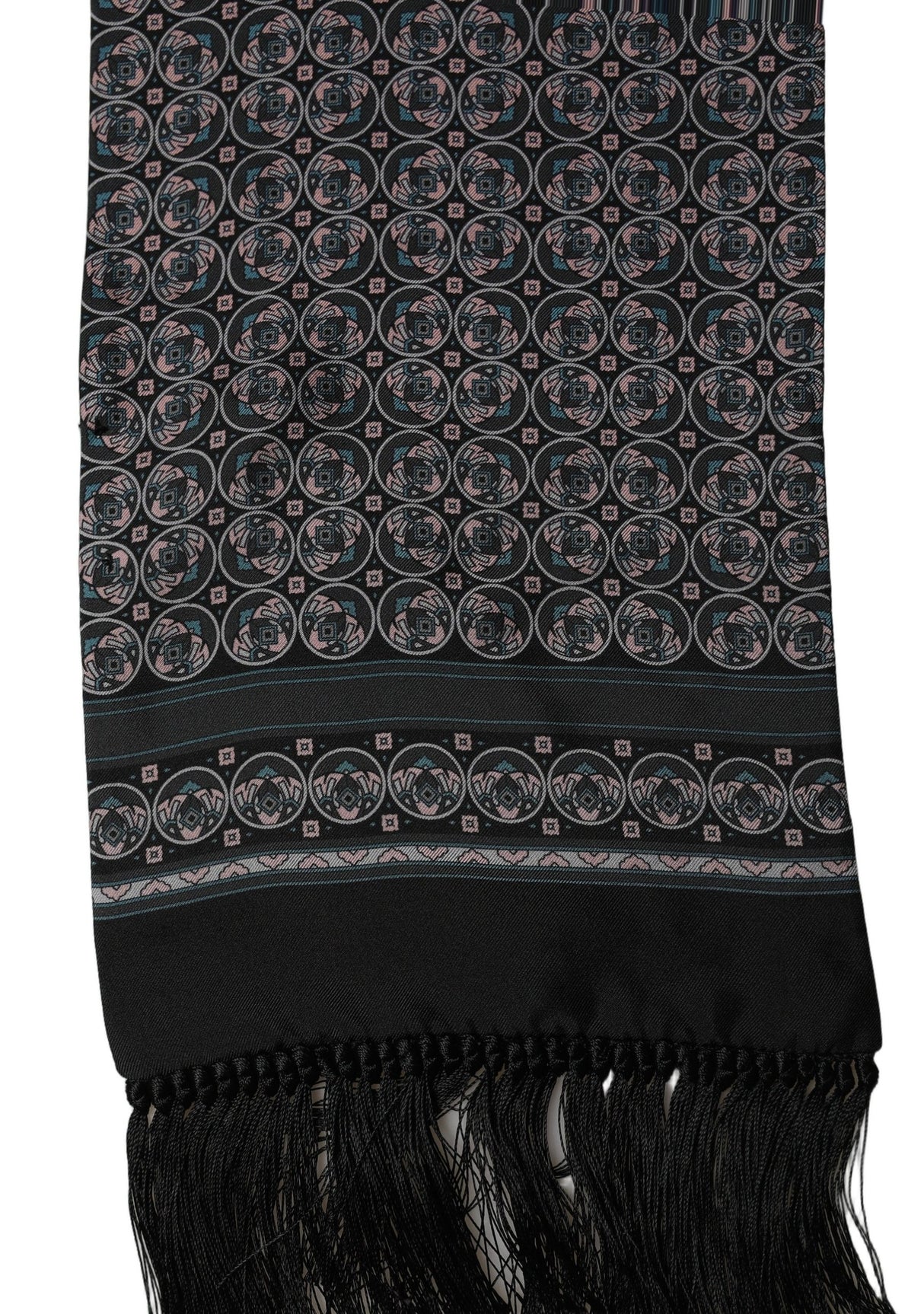 Dolce & Gabbana Black Silk Geometric Fringed Neck Shawl Scarf