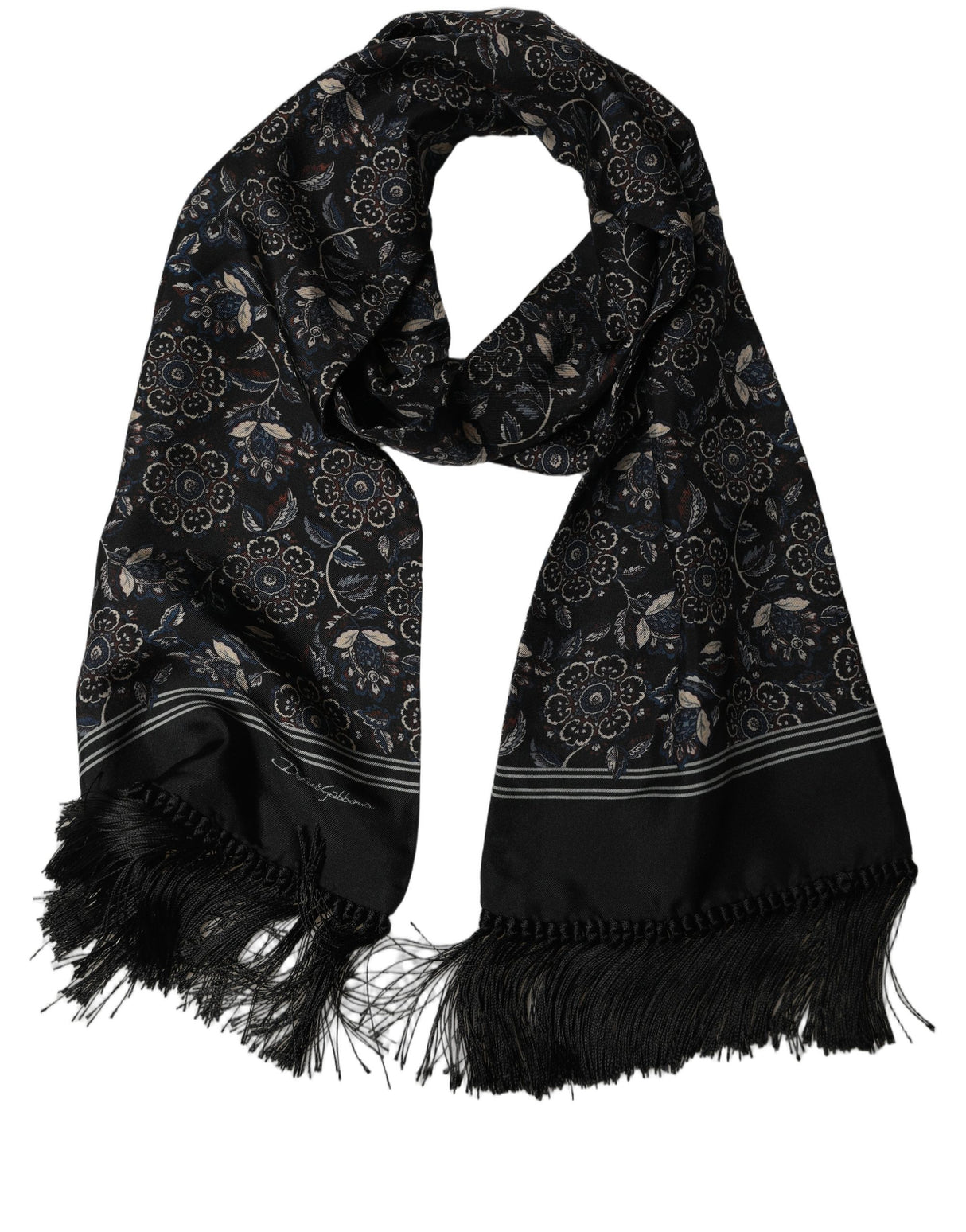 Dolce & Gabbana Black Silk Floral Paisley Fringed Shawl Scarf