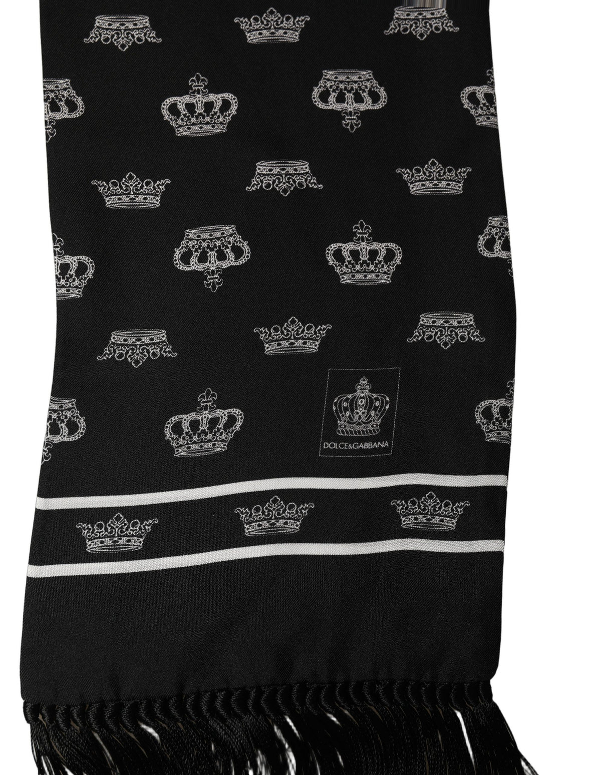 Dolce & Gabbana Black Silk Crown Fringed Neck Shawl Scarf