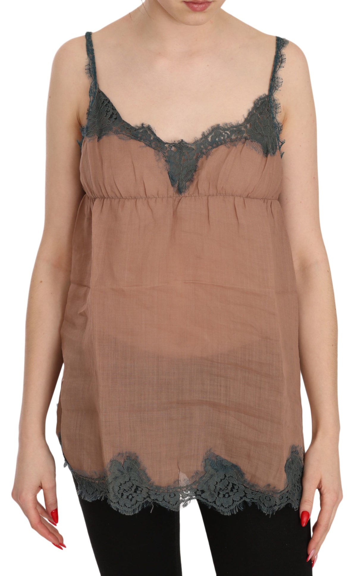 PINK MEMORIES Brown Lace Spaghetti Strap Tank Top Blouse