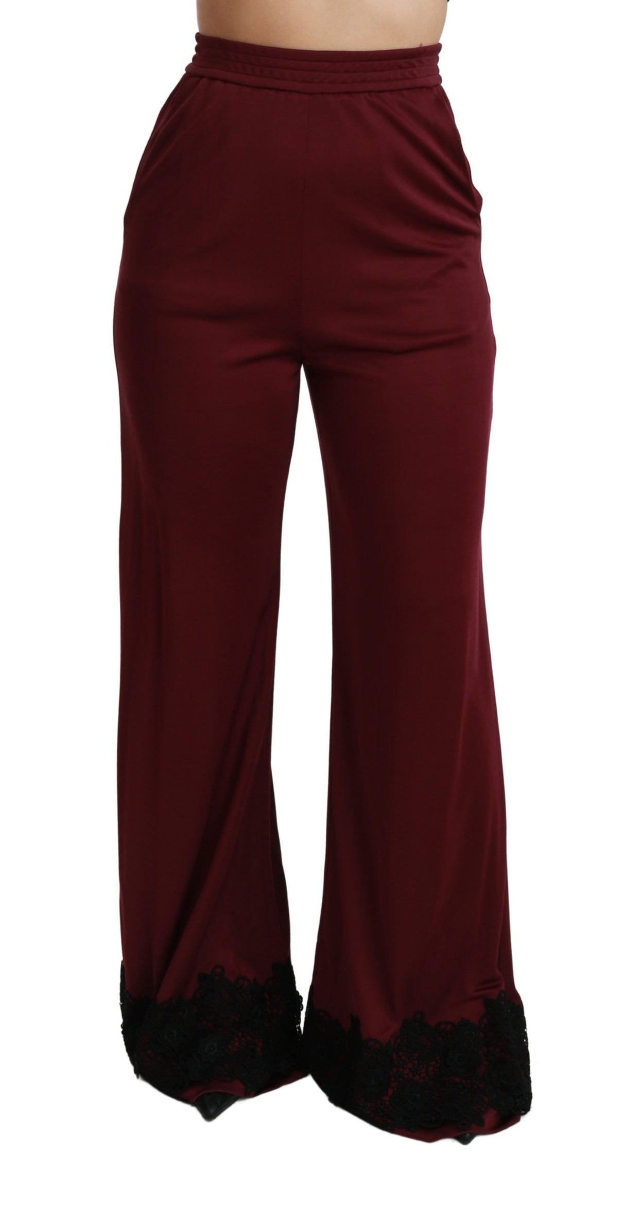 Dolce & Gabbana Black Lace High Waist Wide Leg Maroon Pants